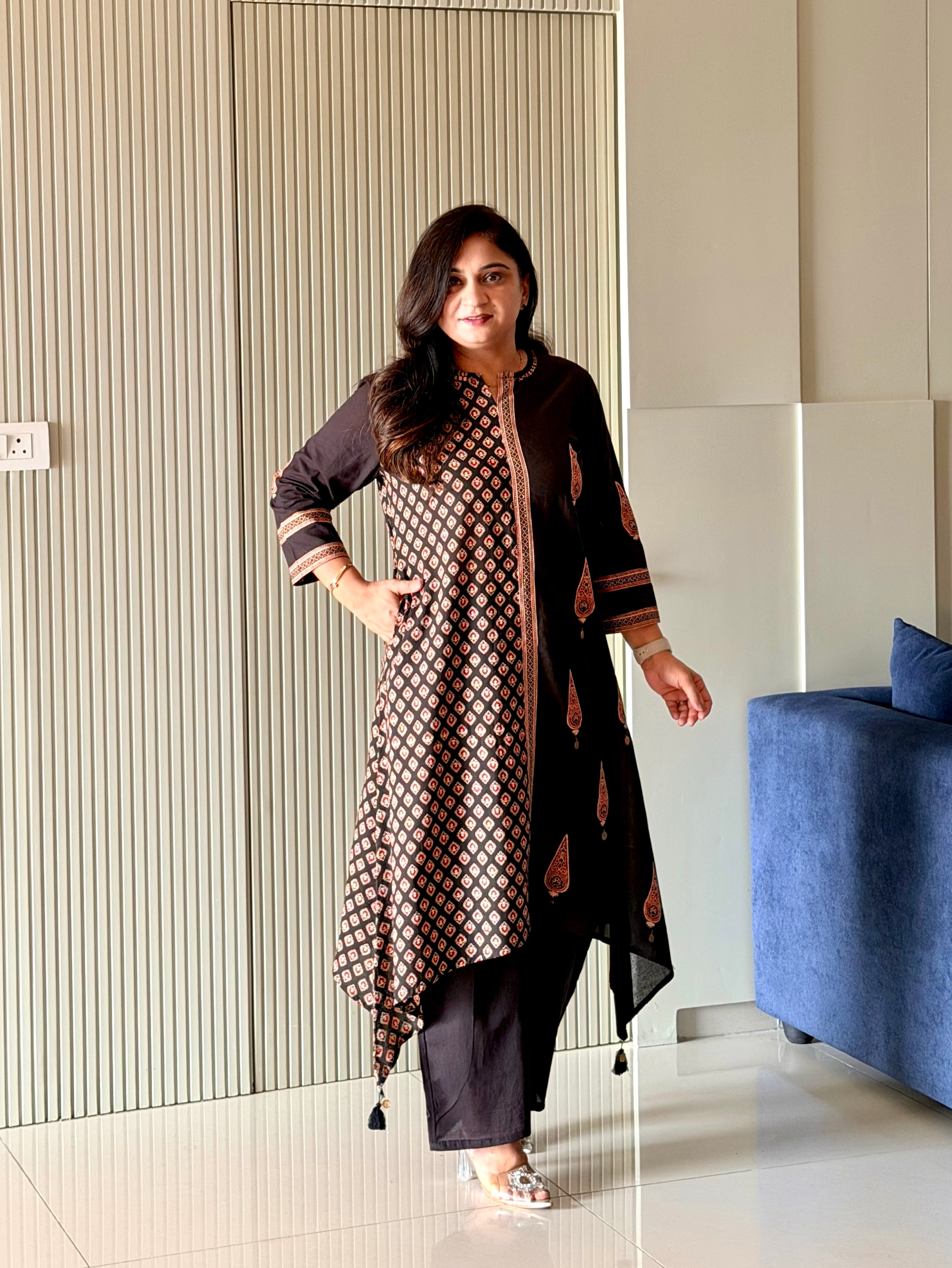 Laila Black Asymmetric Cotton Ajrakh Kurta Set