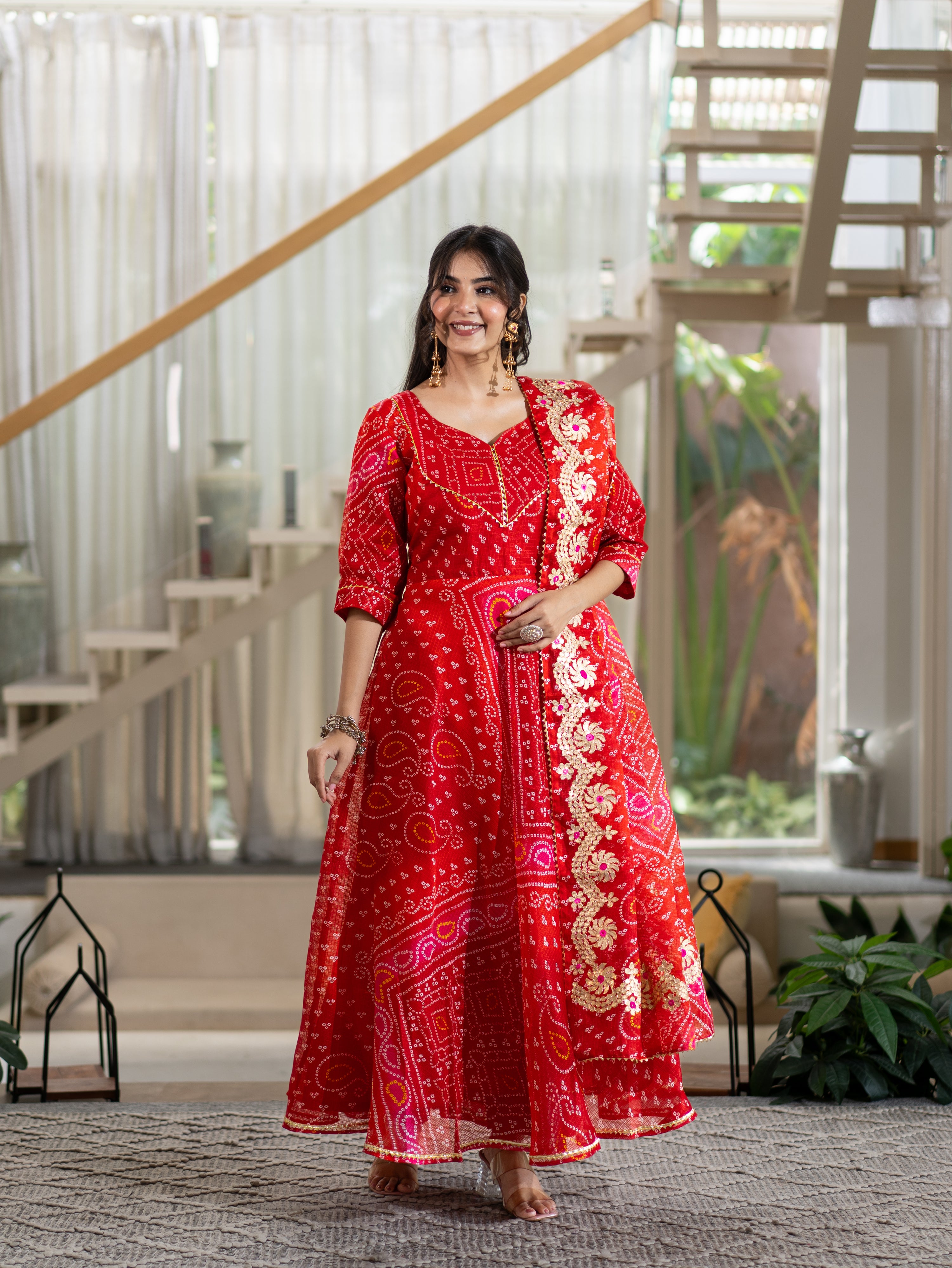 Nitya Red Bandhani Kota Doria Anarkali Dupatta set