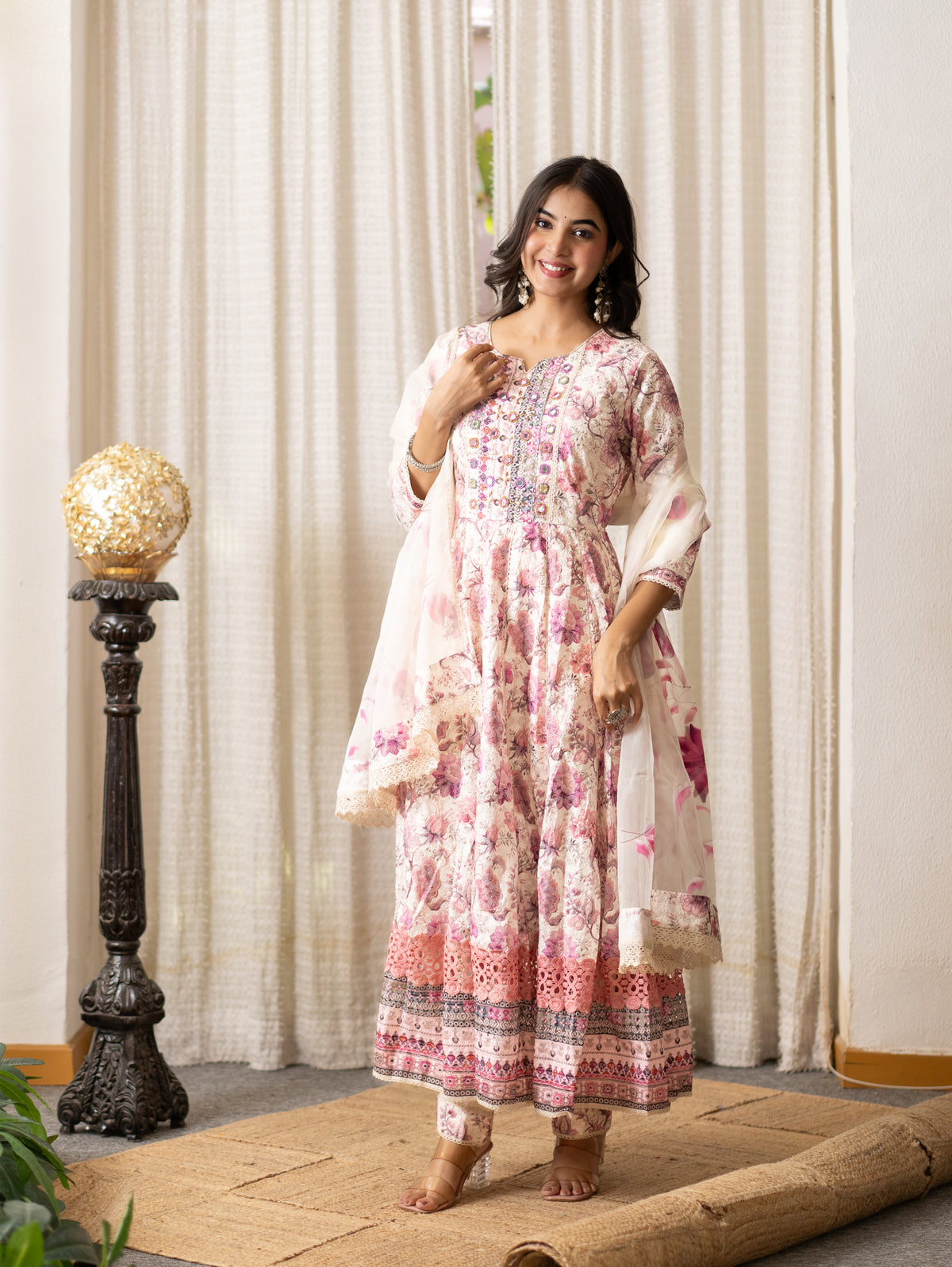 Seerat Pink Cotton Sciffili Embroidered Anarkali Set