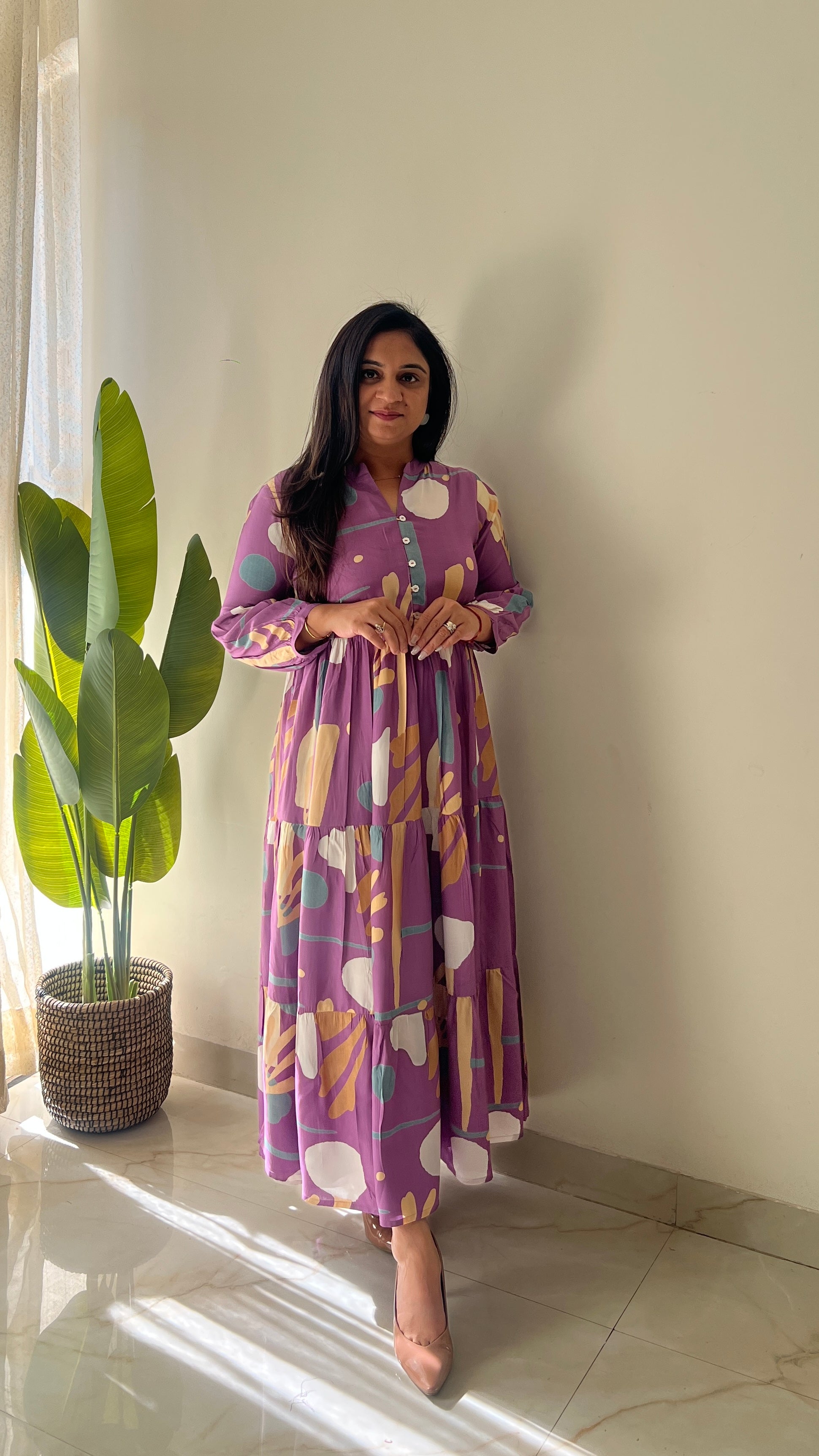 Sarfa Lilac Crystal Muslin Casual Long Dress