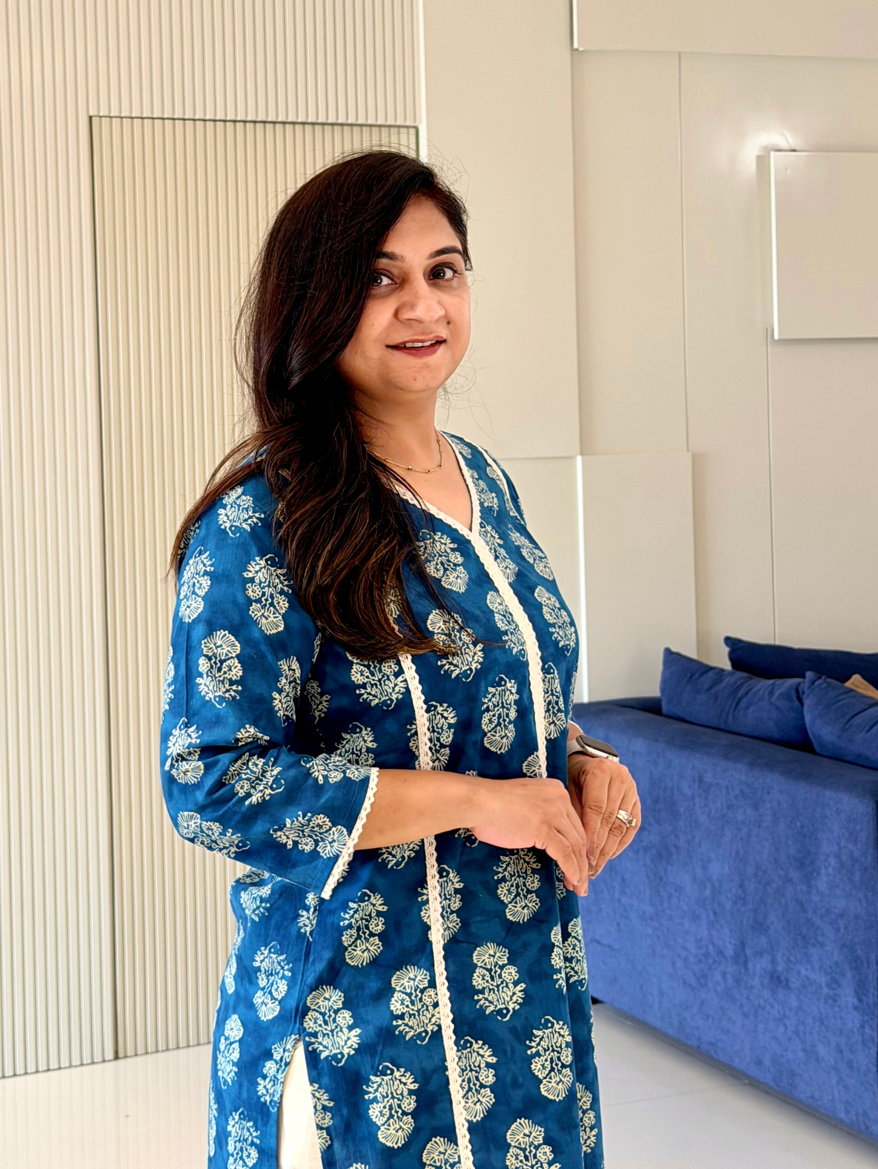 Fariha Deep Blue Cotton Floral Casual Straight Kurta
