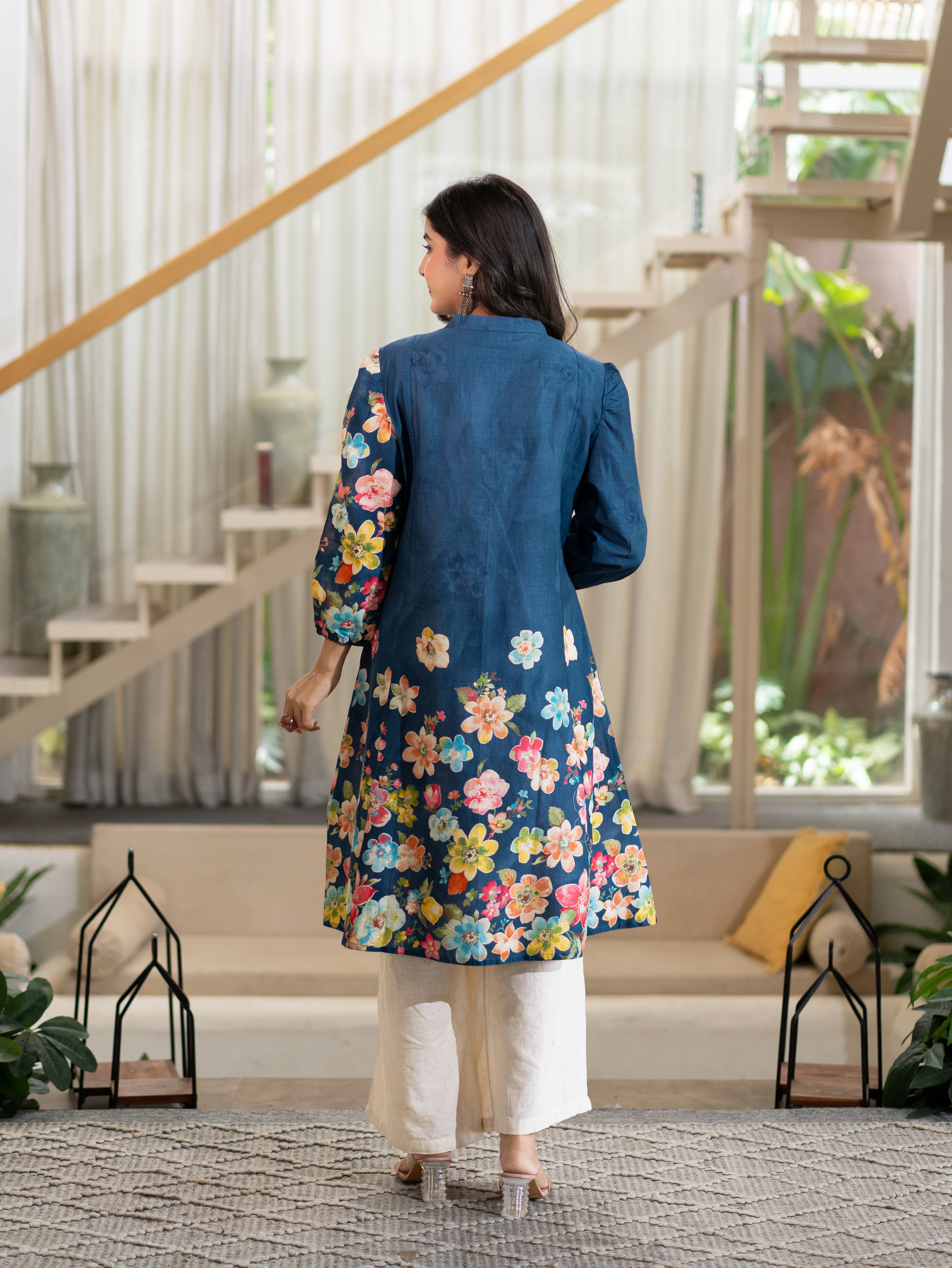 Roza Blue Cotton Floral A-line Kurta