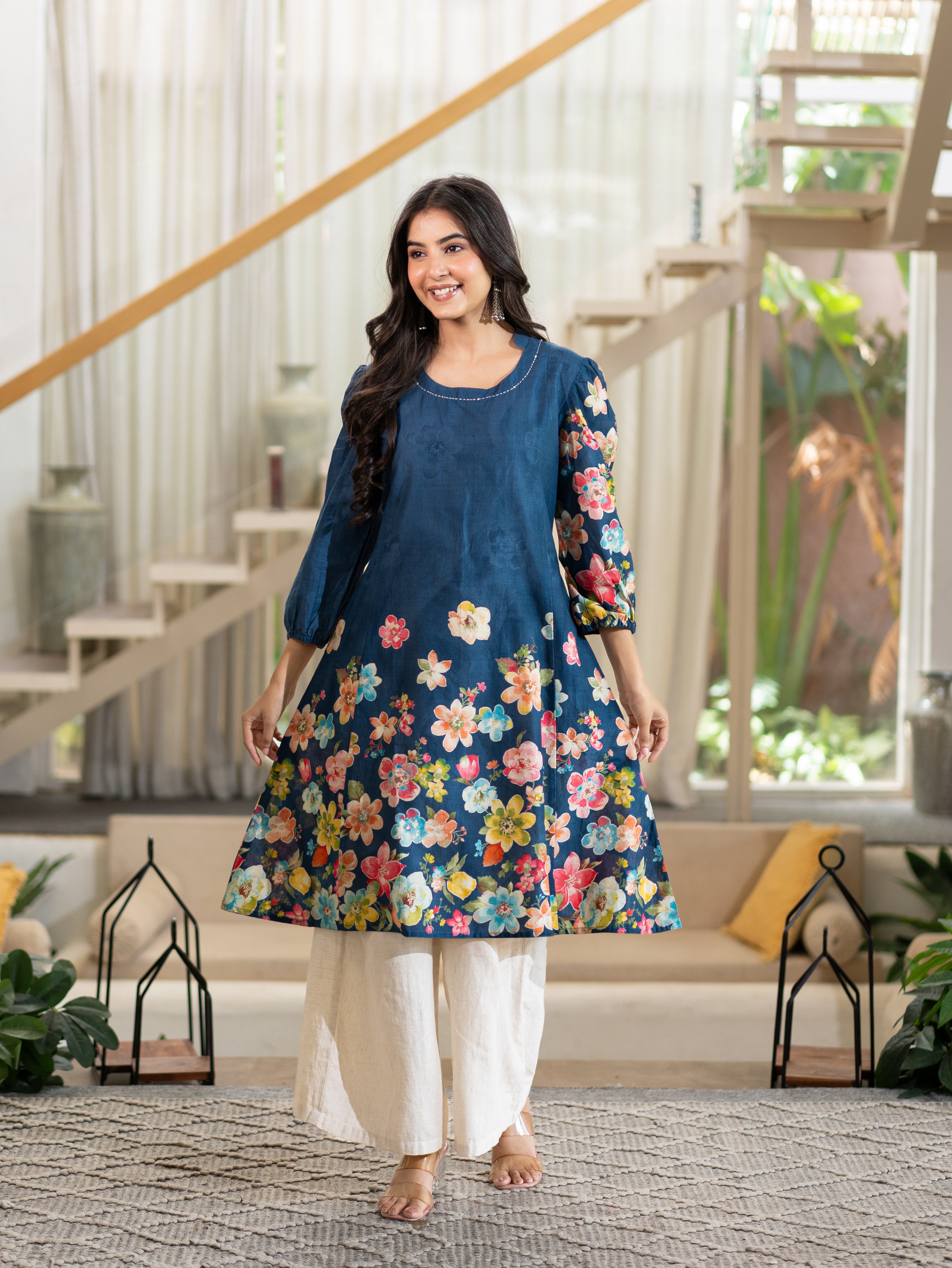 Roza Blue Cotton Floral A-line Kurta