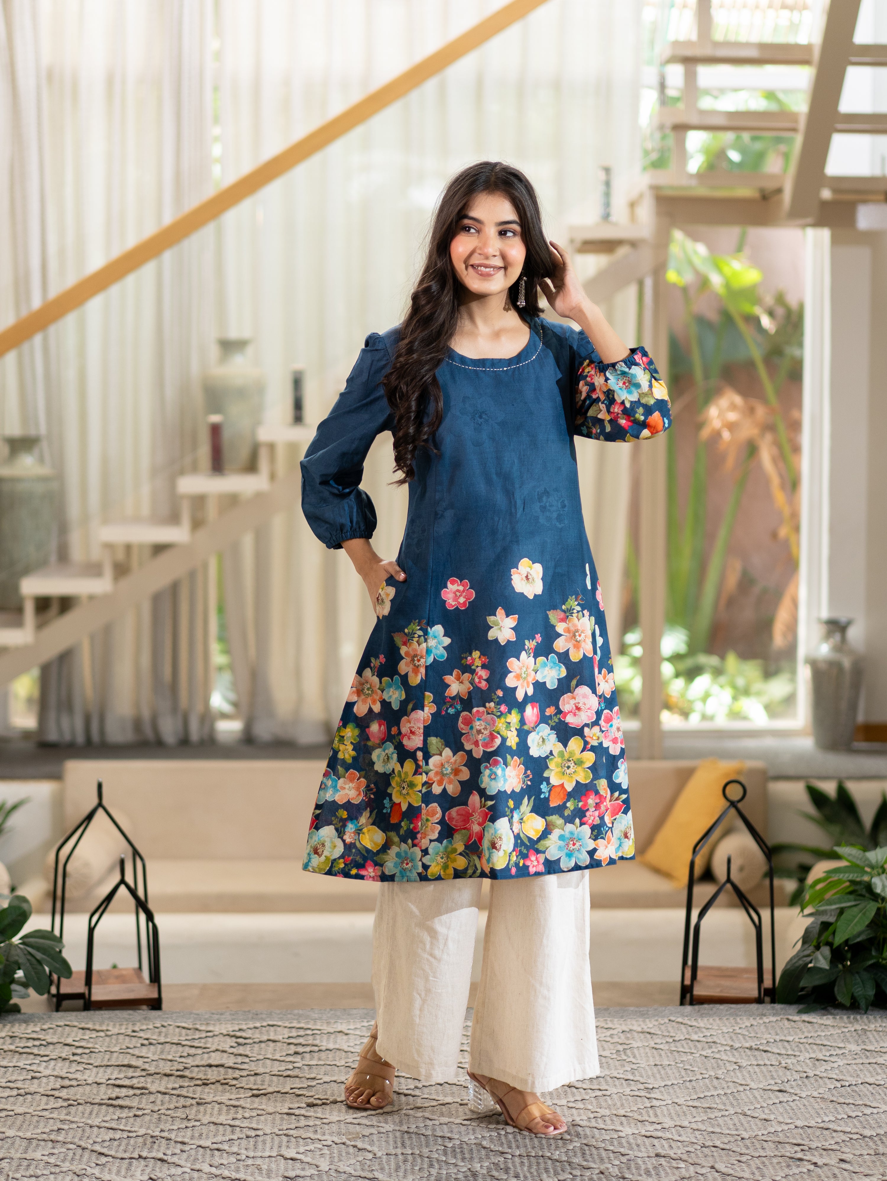 Roza Blue Cotton Floral A-line Kurta