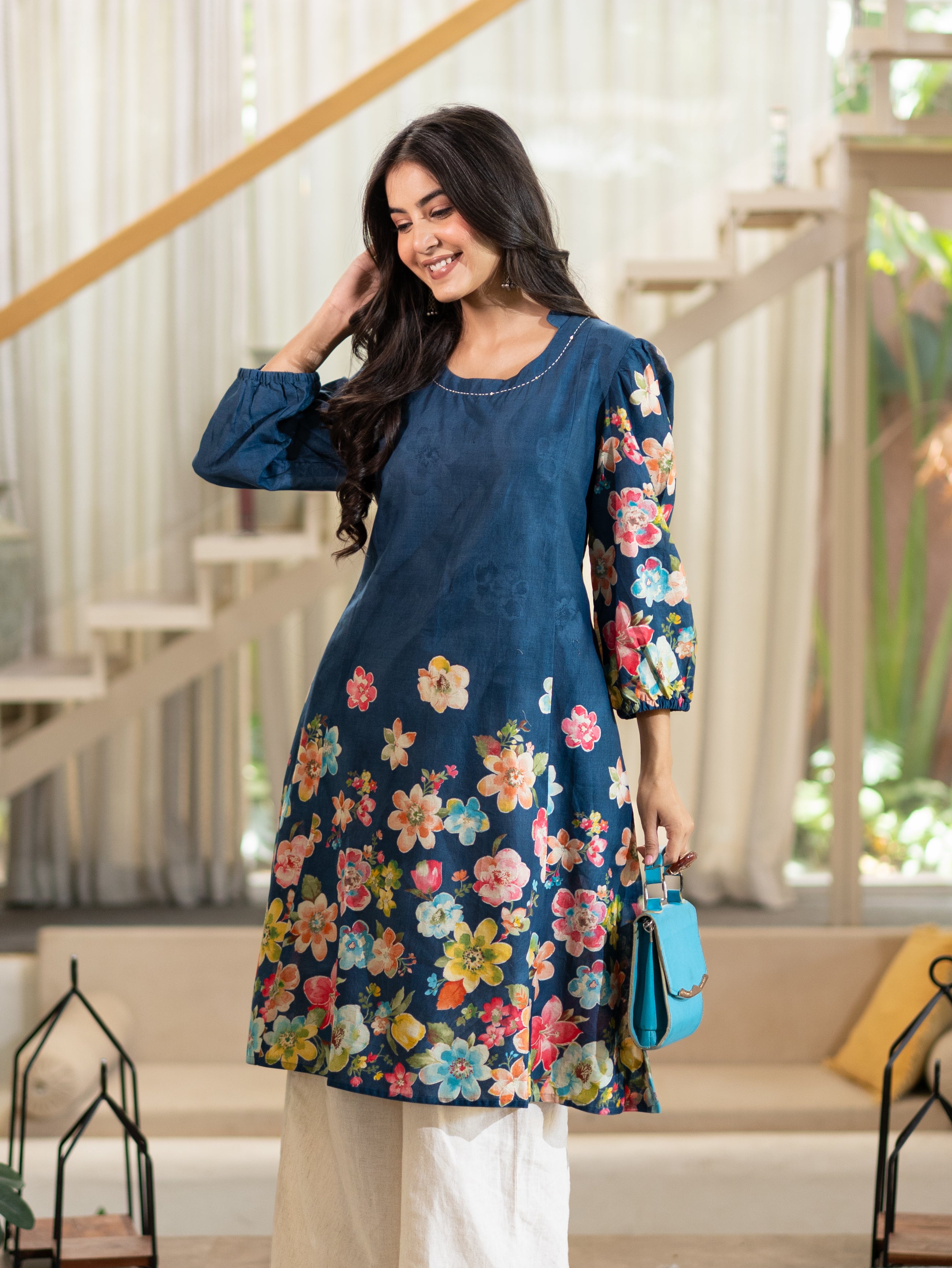 Roza Blue Cotton Floral A-line Kurta