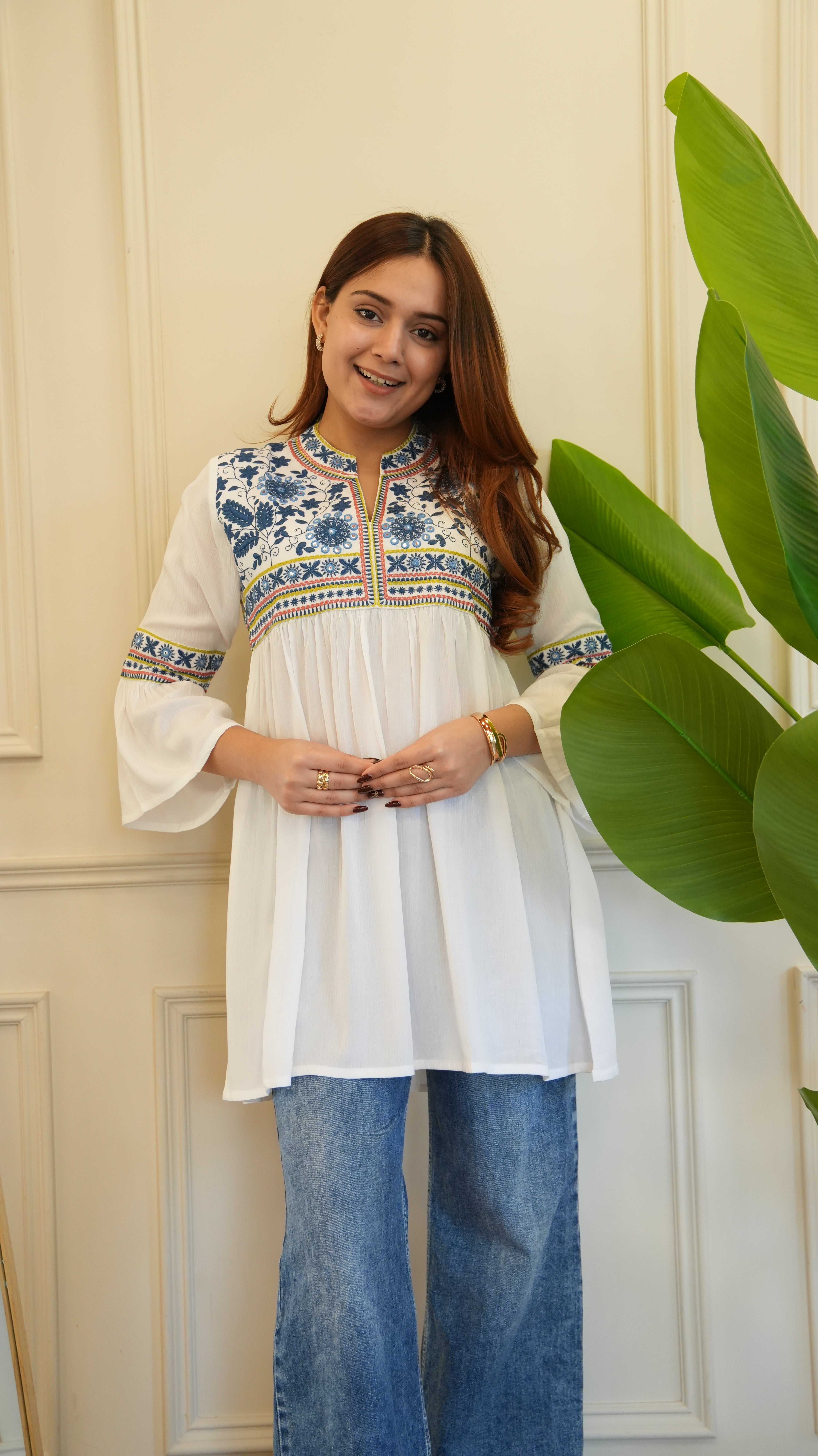 Tara Cotton Embroidered Casual Short Top - The Jaipur Studio