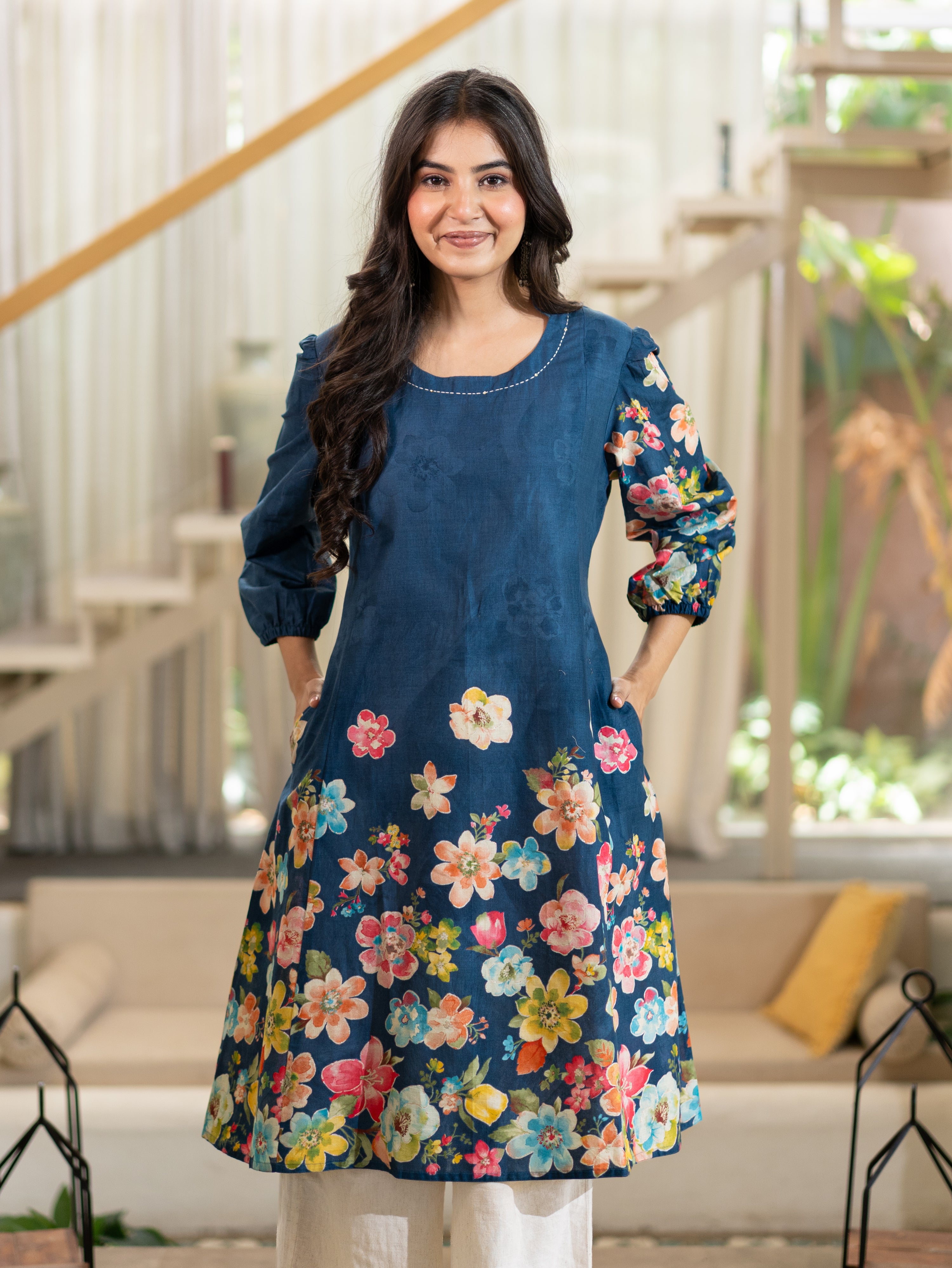 Roza Blue Cotton Floral A-line Kurta