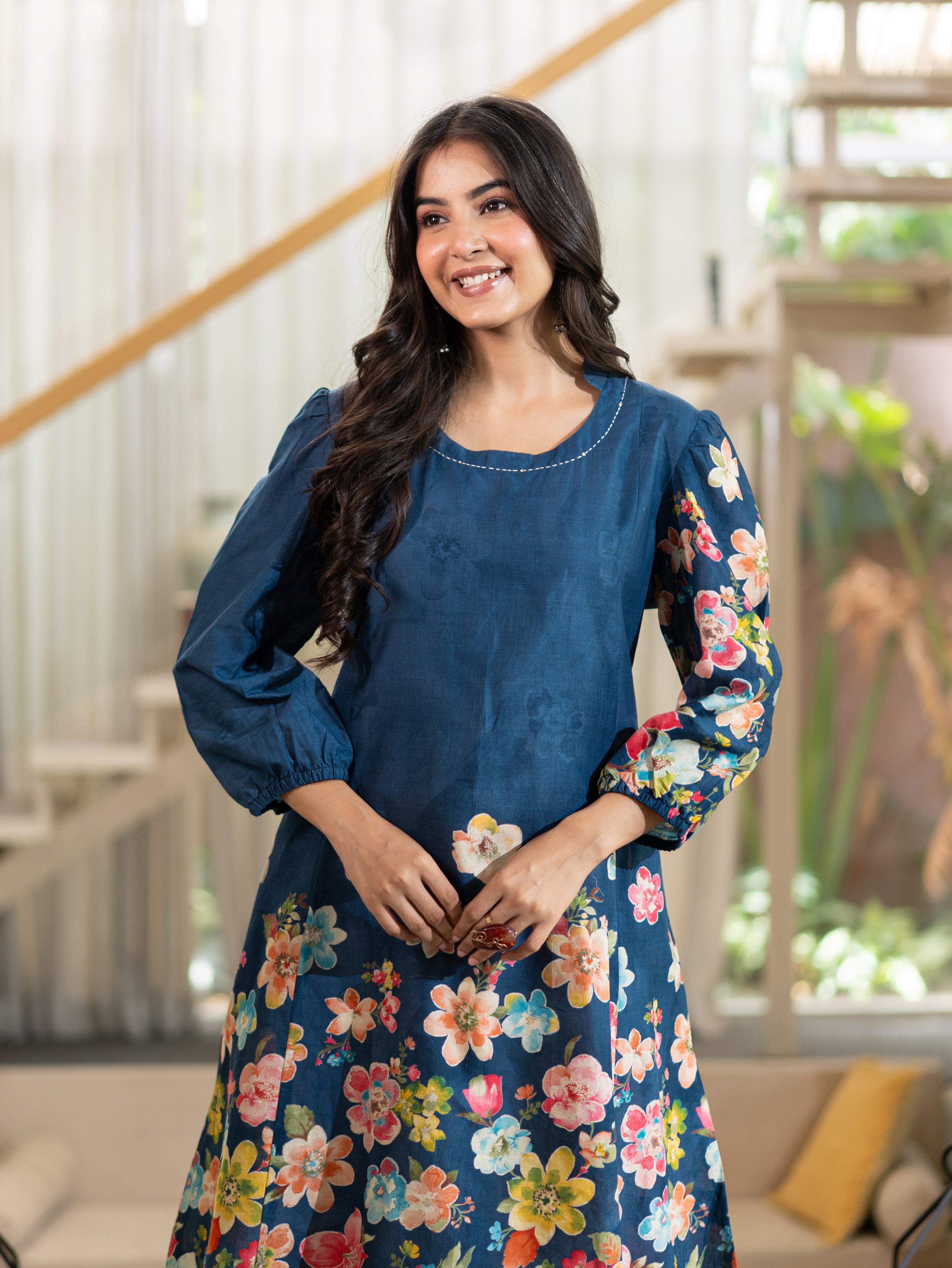 Roza Blue Cotton Floral A-line Kurta