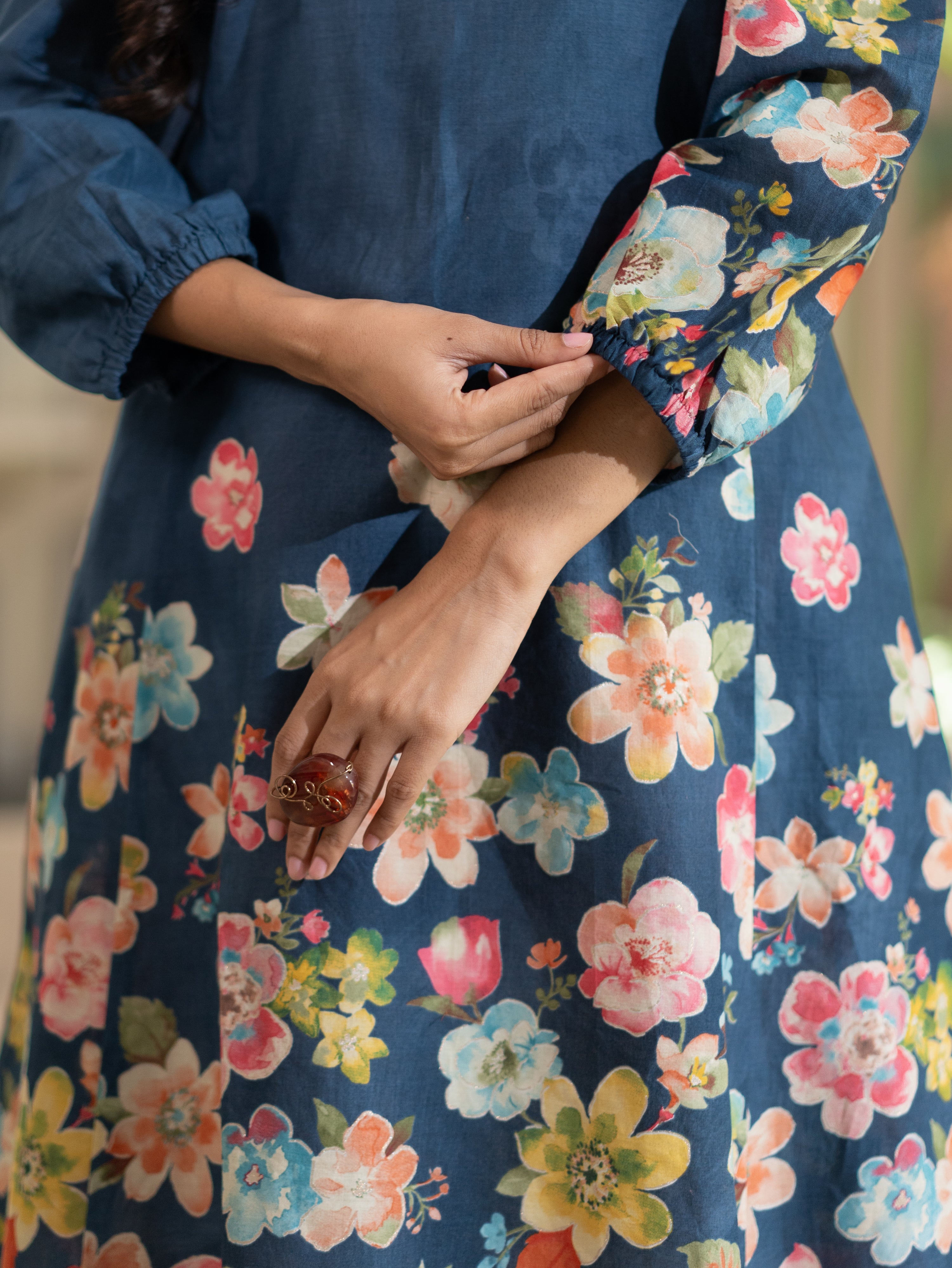 Roza Blue Cotton Floral A-line Kurta