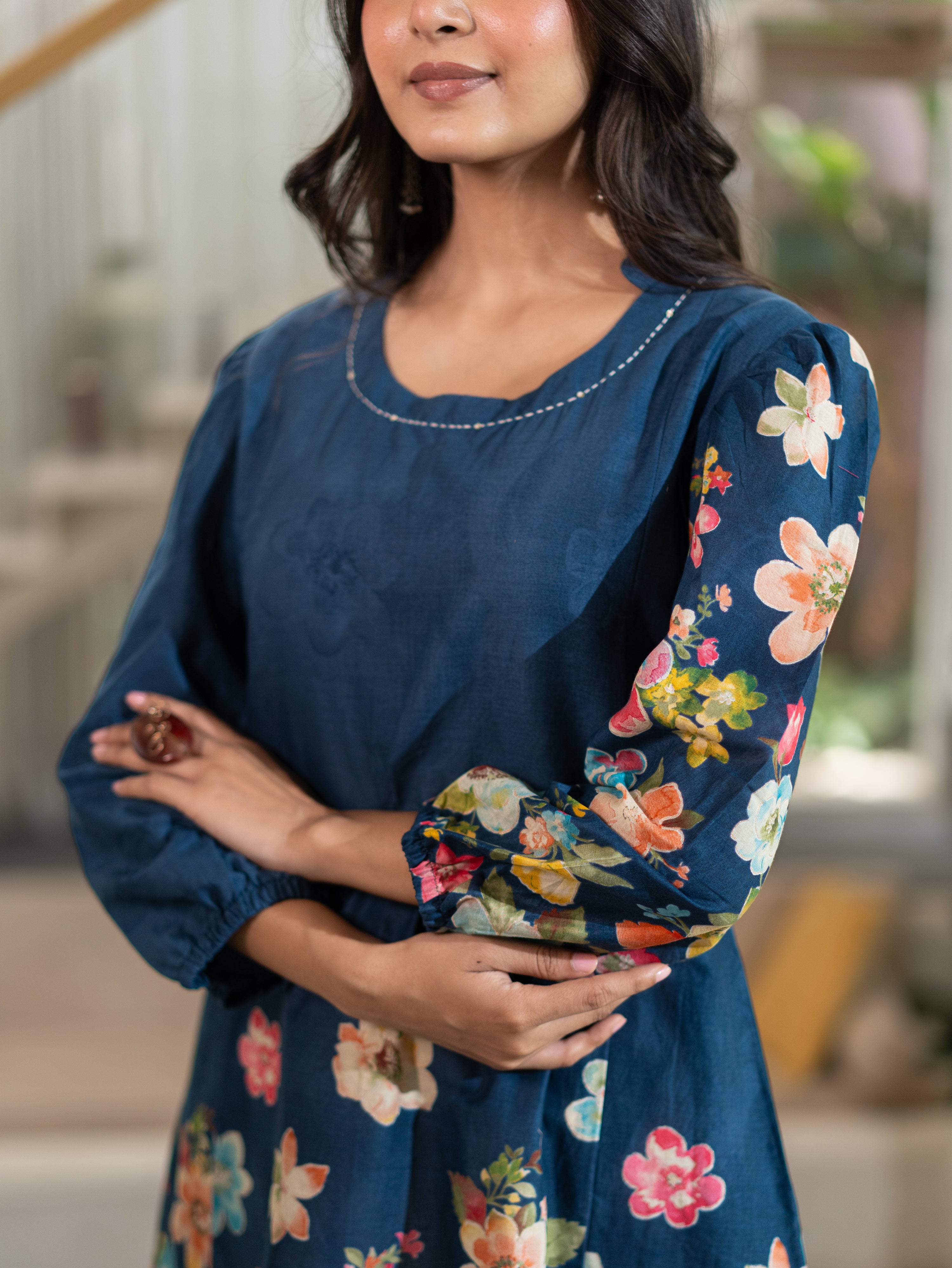 Roza Blue Cotton Floral A-line Kurta