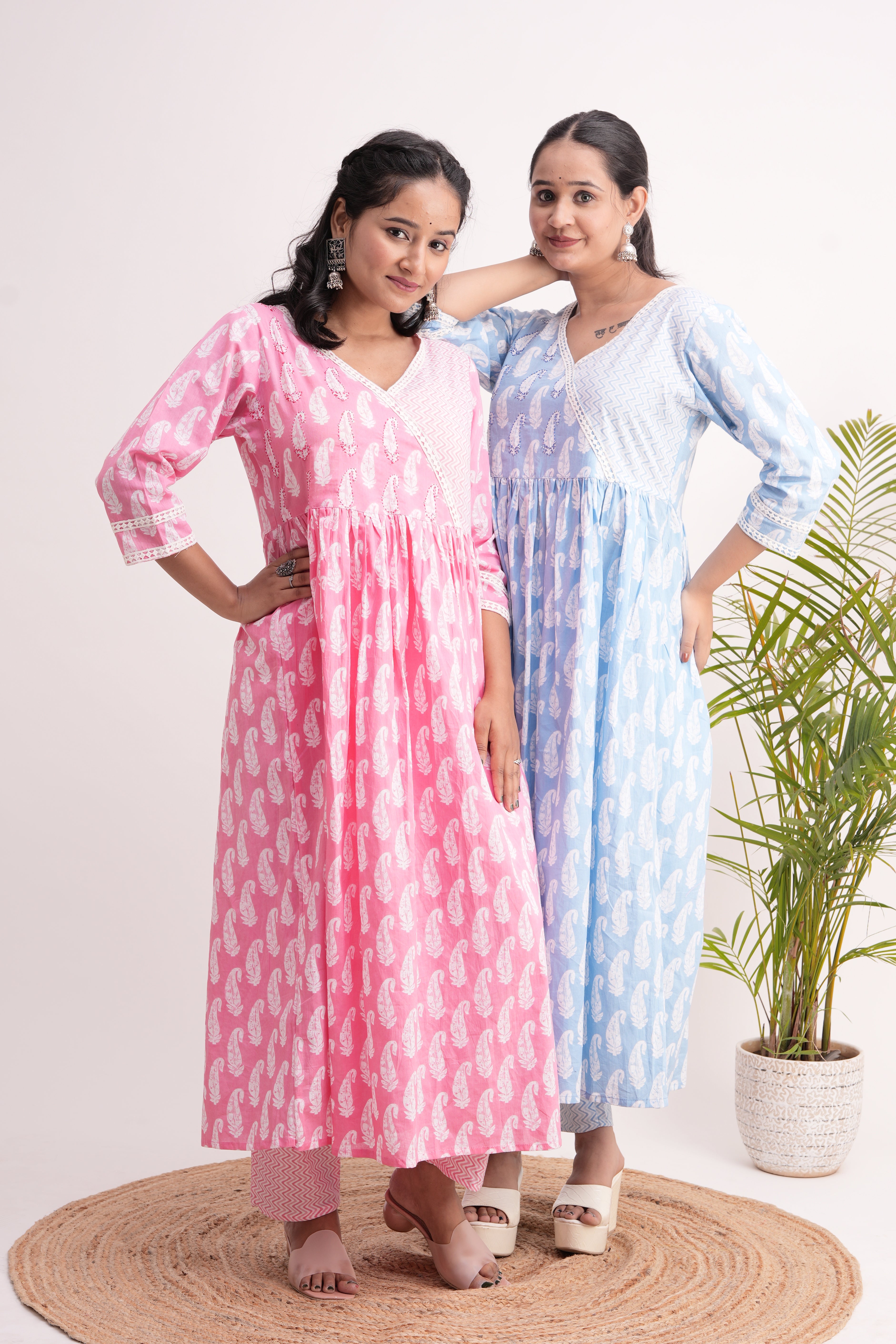 Cotton Handblock Lace Detailed Anarkali Set - The Jaipur Studio