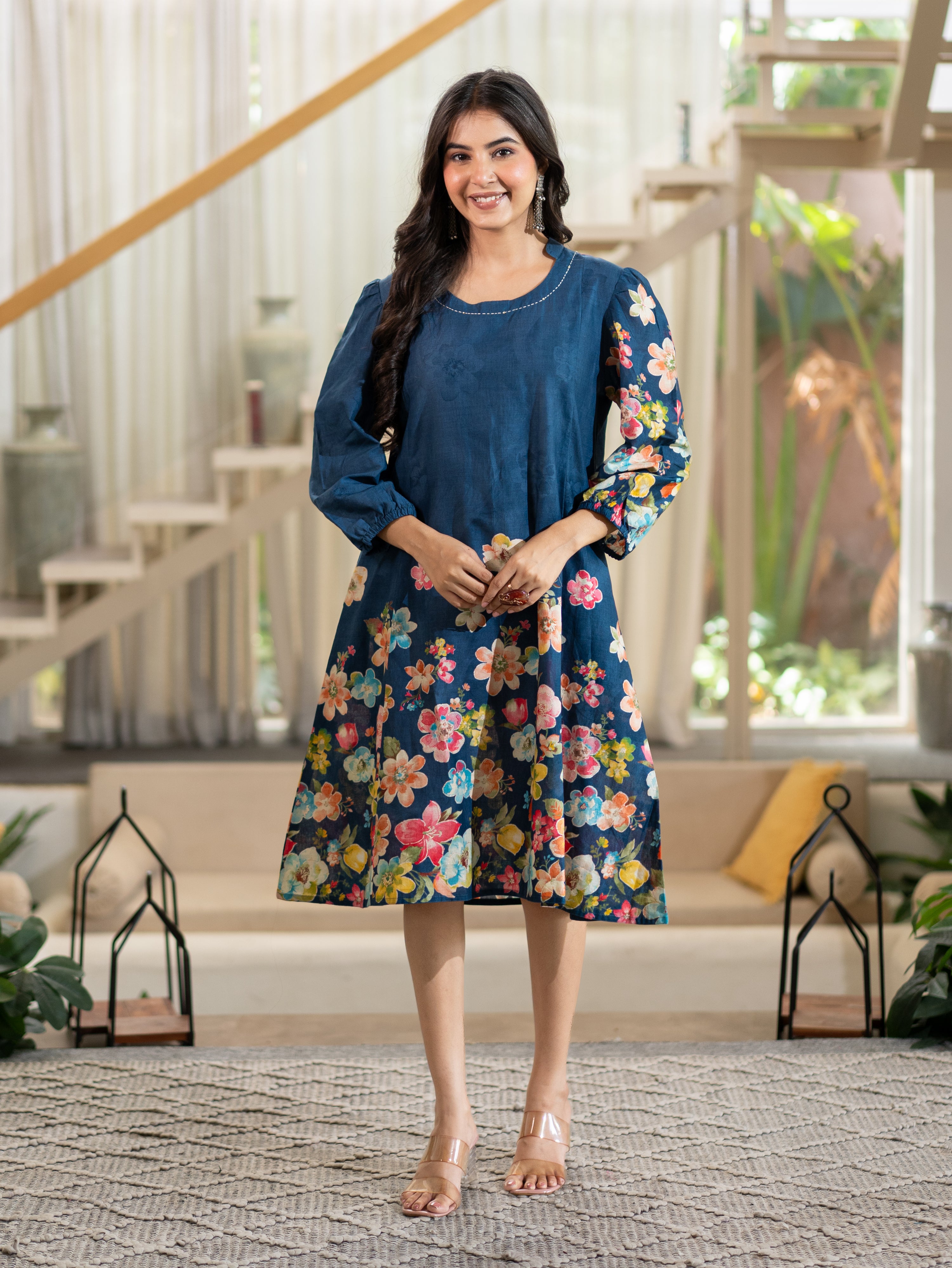 Roza Blue Cotton Floral A-line Kurta