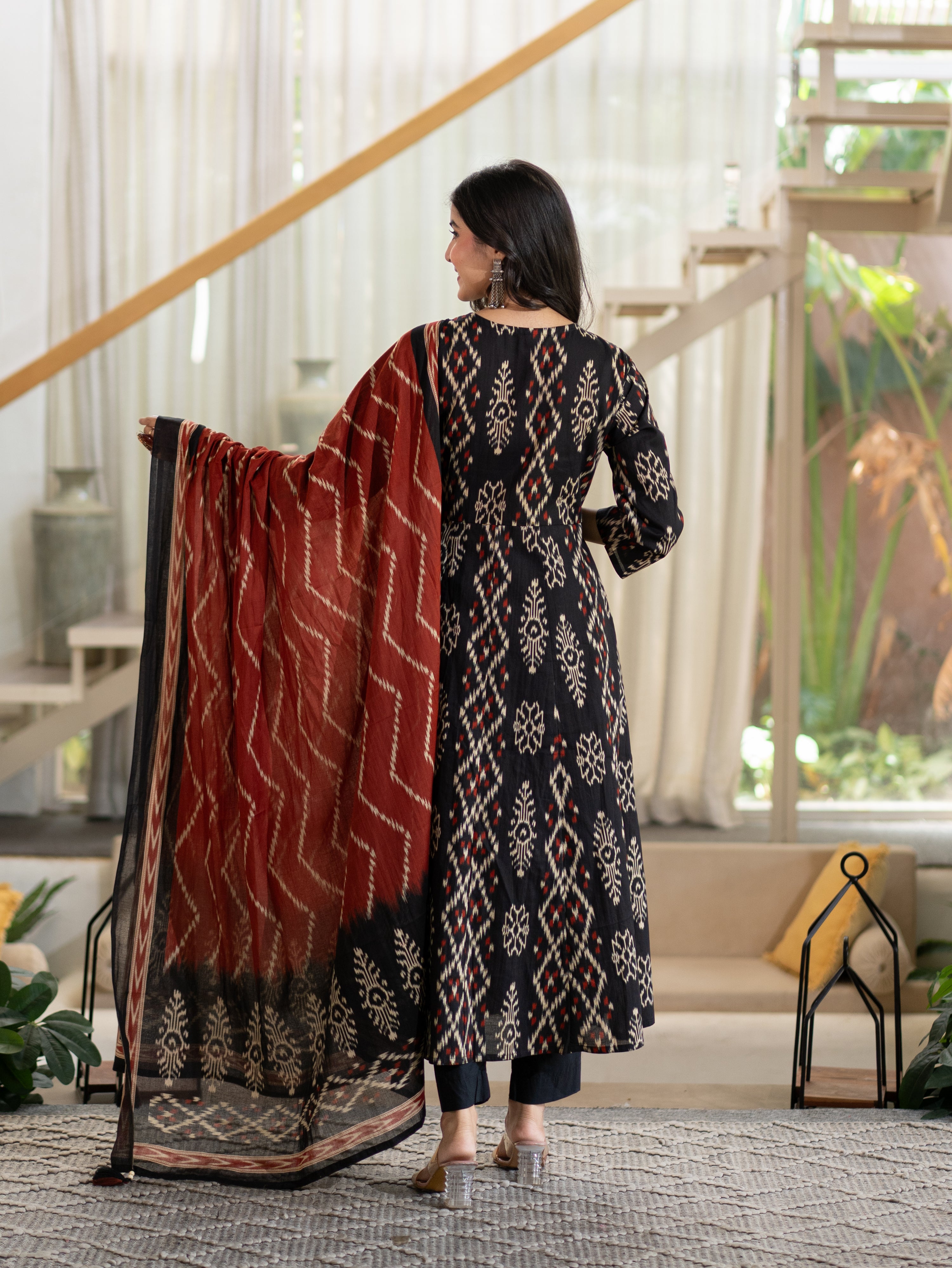Vanya Black Cotton Ikkat Angrakha Anarkali Dupatta Set