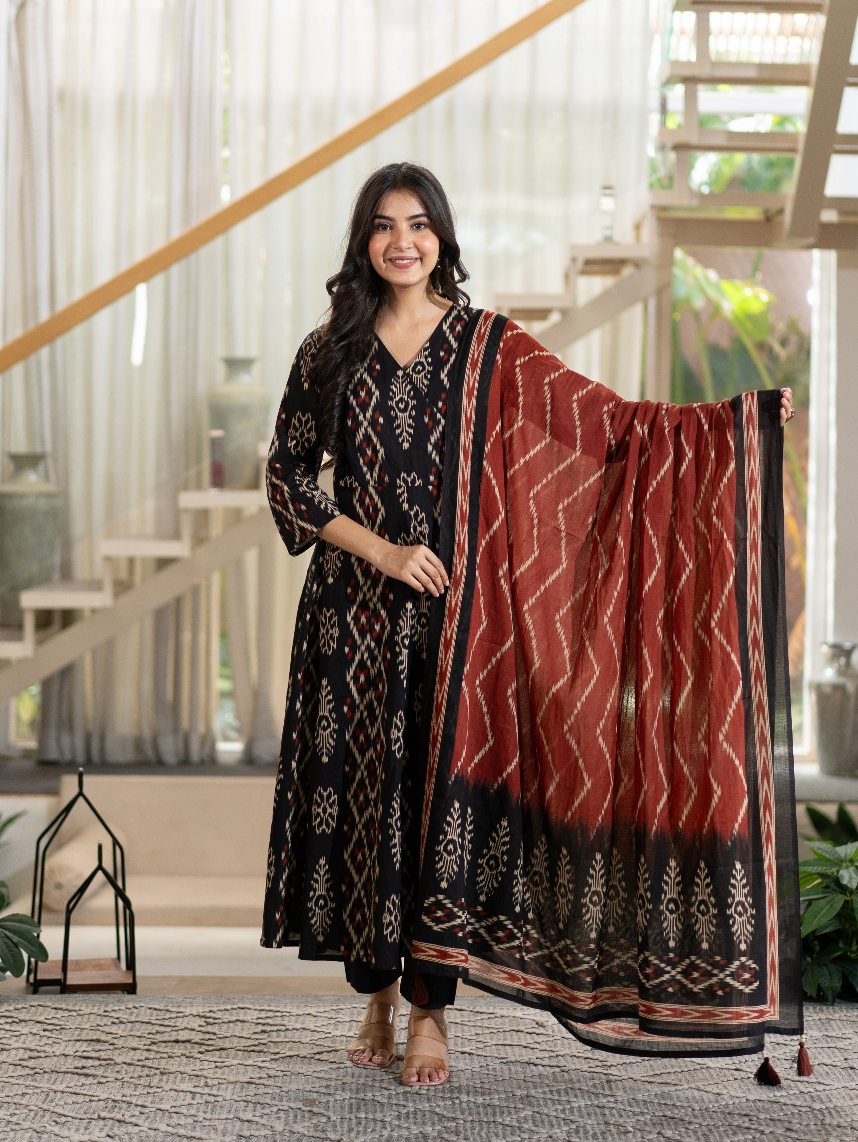 Vanya Black Cotton Ikkat Angrakha Anarkali Dupatta Set