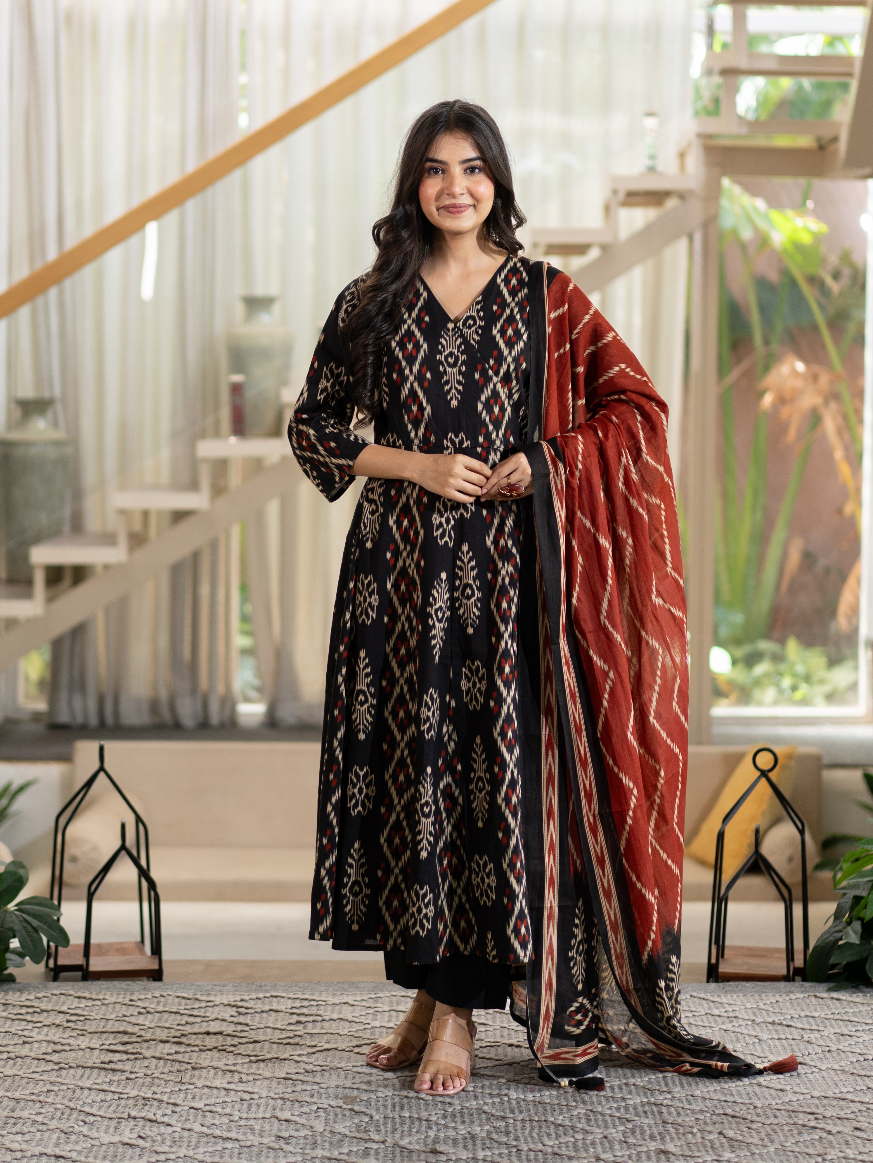 Vanya Black Cotton Ikkat Angrakha Anarkali Dupatta Set