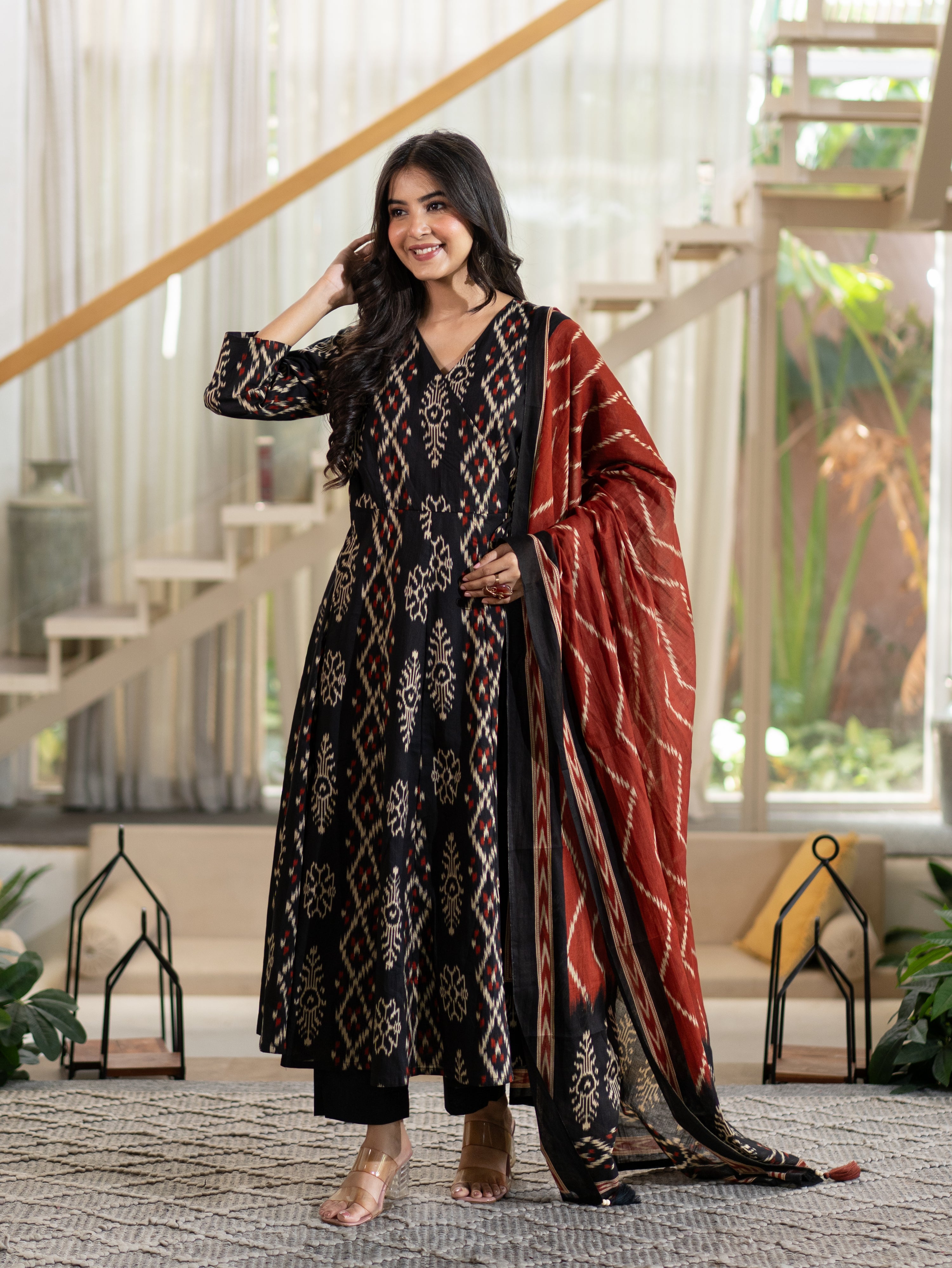 Vanya Black Cotton Ikkat Angrakha Anarkali Dupatta Set
