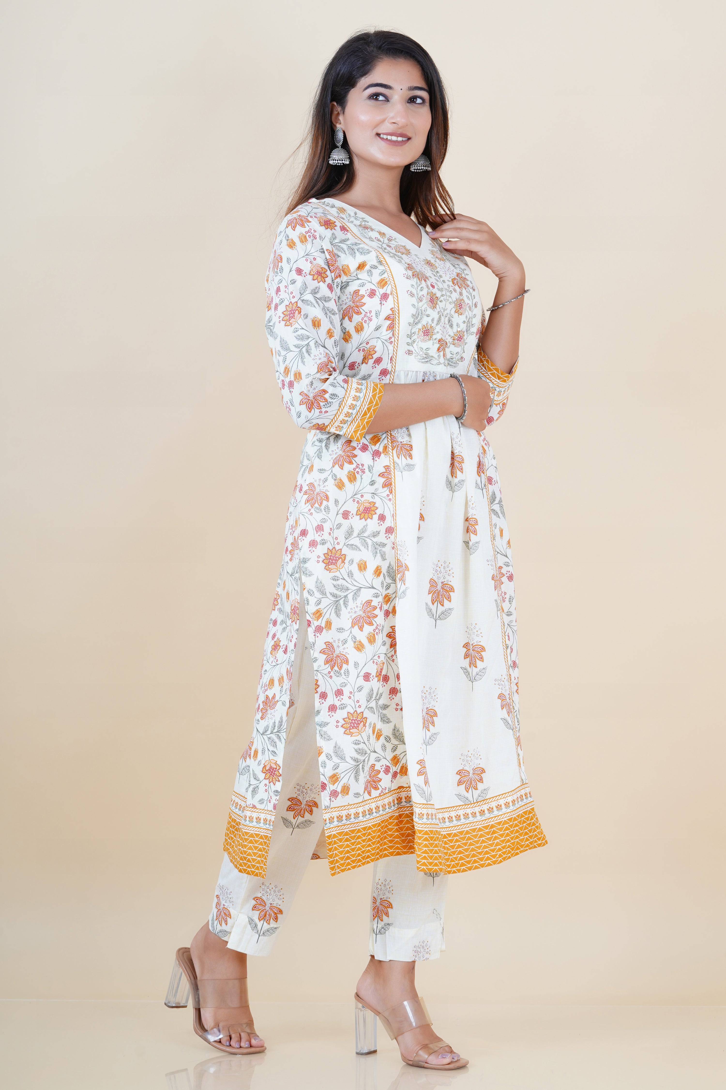 Zubeda Handblock Embroidered Nyra Cut Pant Set - The Jaipur Studio