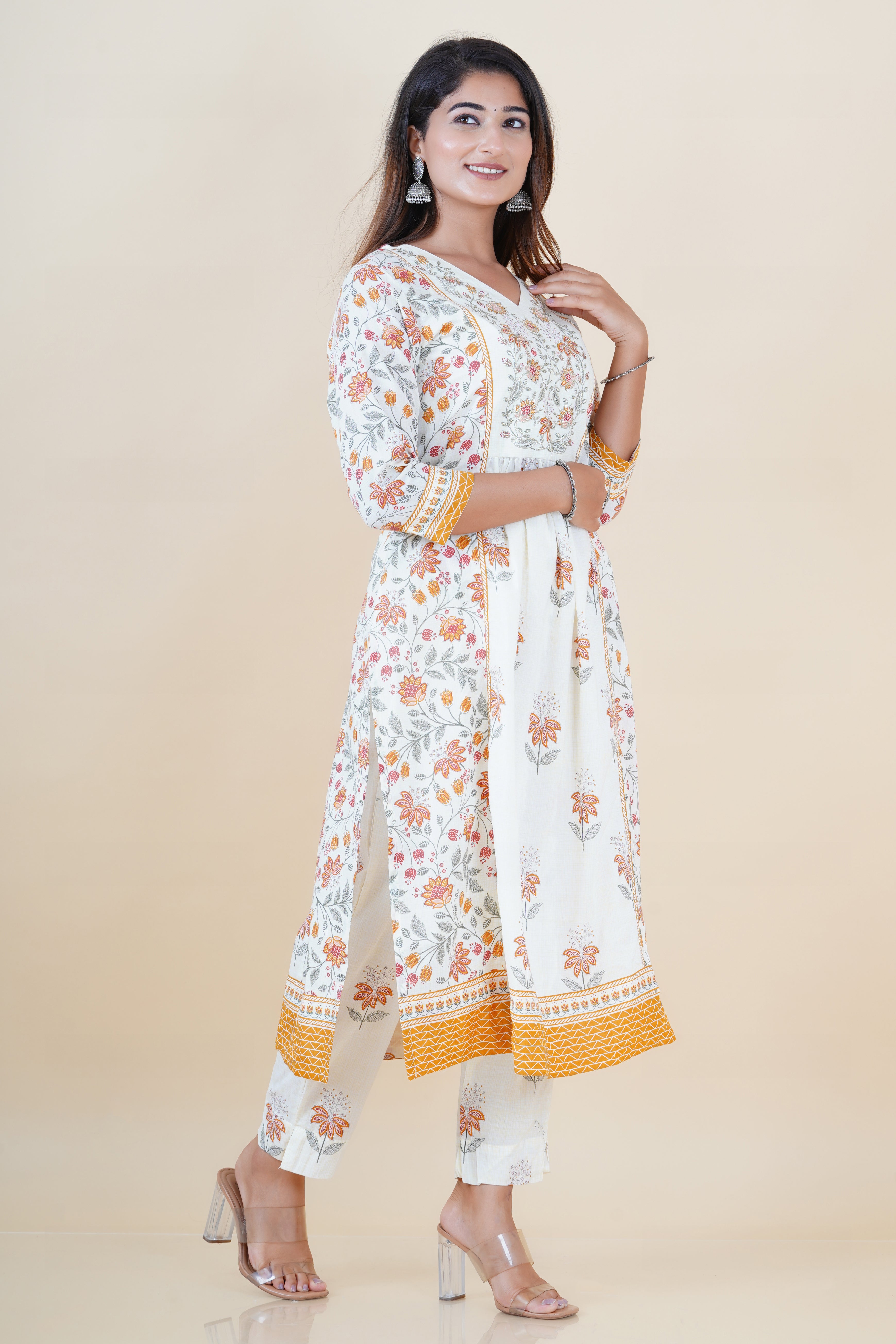 Zubeda Handblock Embroidered Nyra Cut Pant Set - The Jaipur Studio