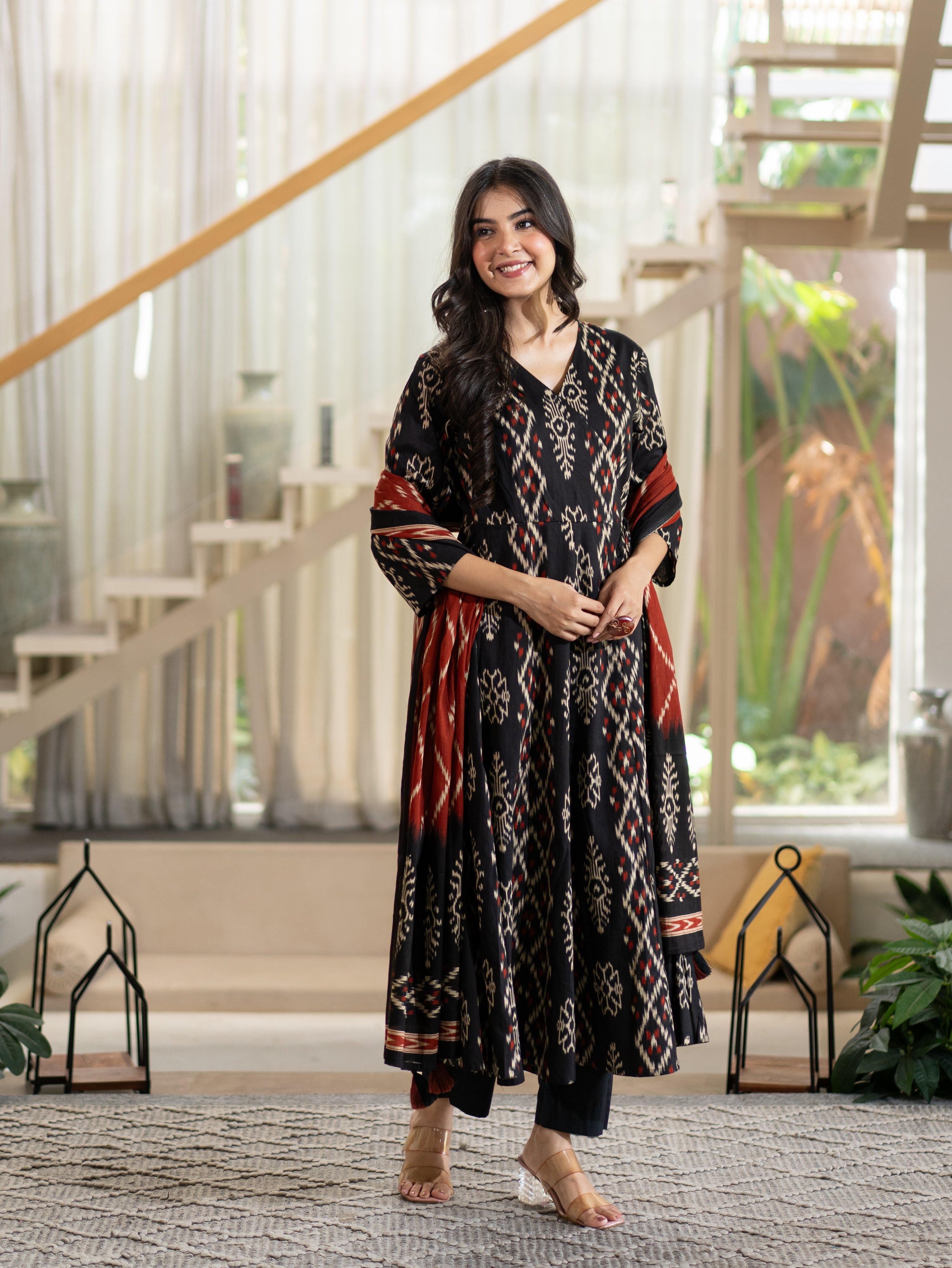 Vanya Black Cotton Ikkat Angrakha Anarkali Dupatta Set