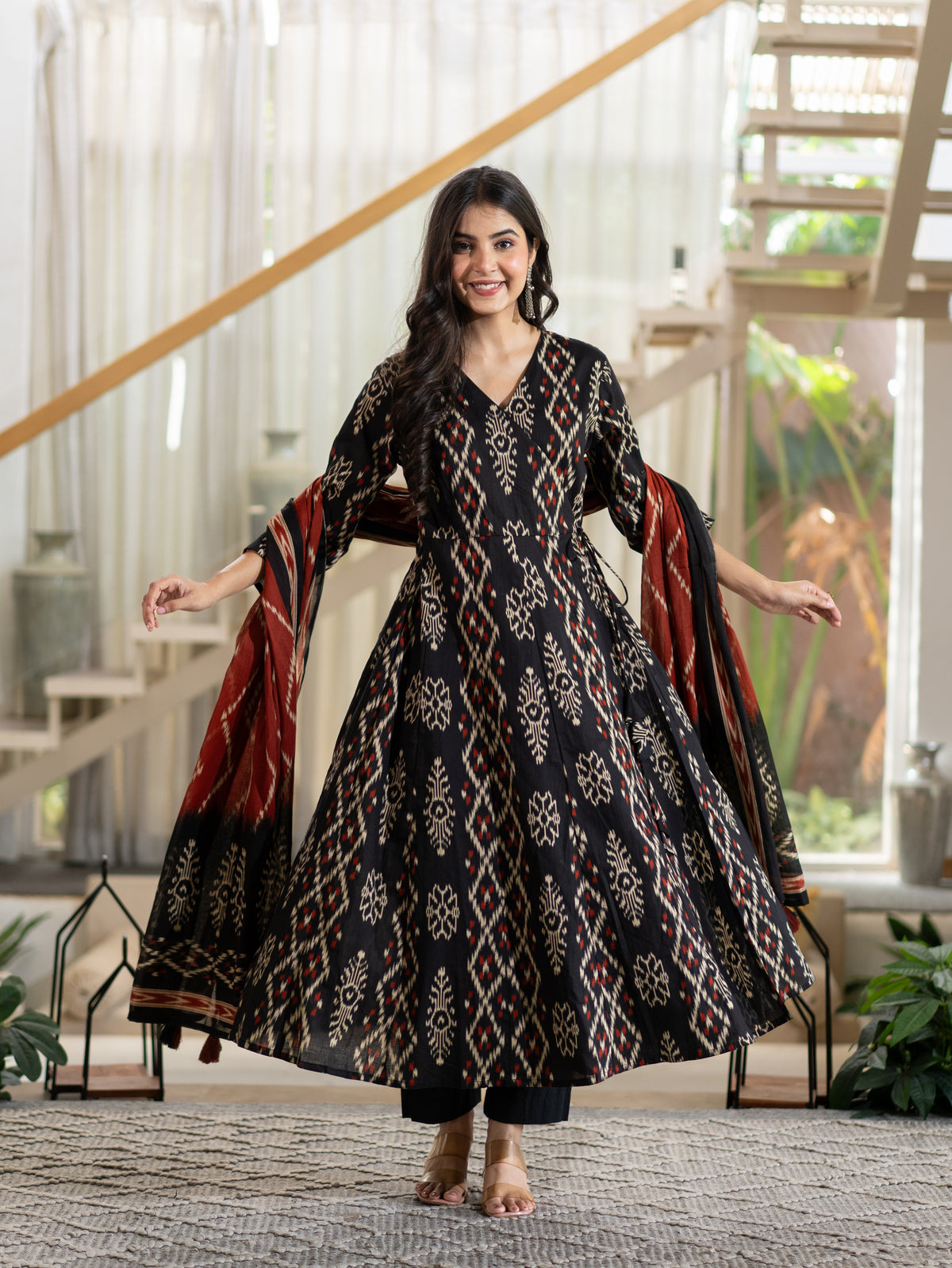 Vanya Black Cotton Ikkat Angrakha Anarkali Dupatta Set