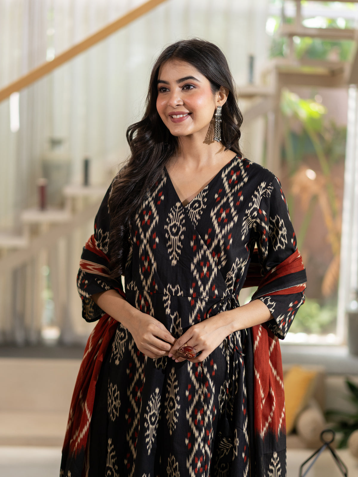 Vanya Black Cotton Ikkat Angrakha Anarkali Dupatta Set