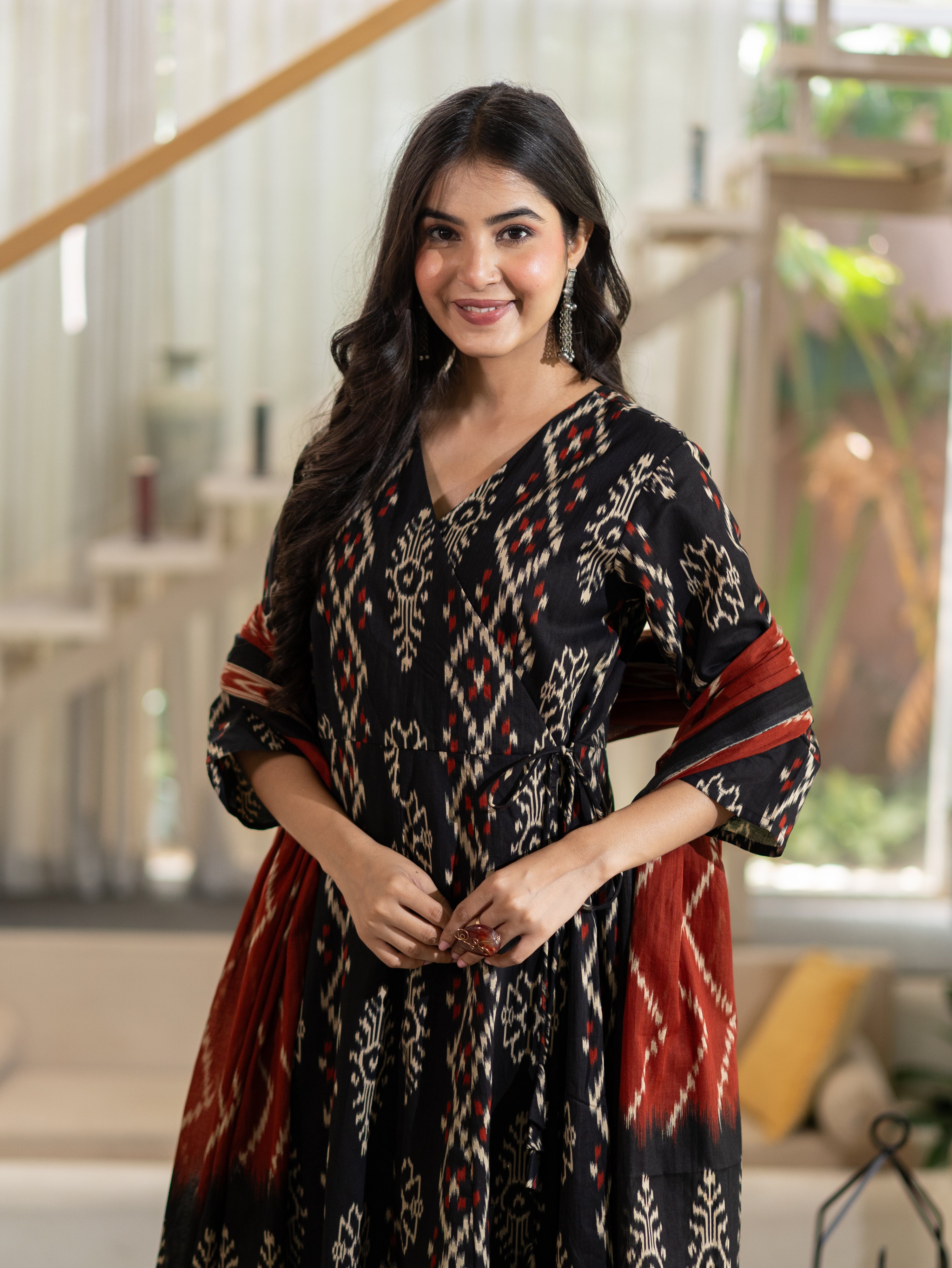 Vanya Black Cotton Ikkat Angrakha Anarkali Dupatta Set