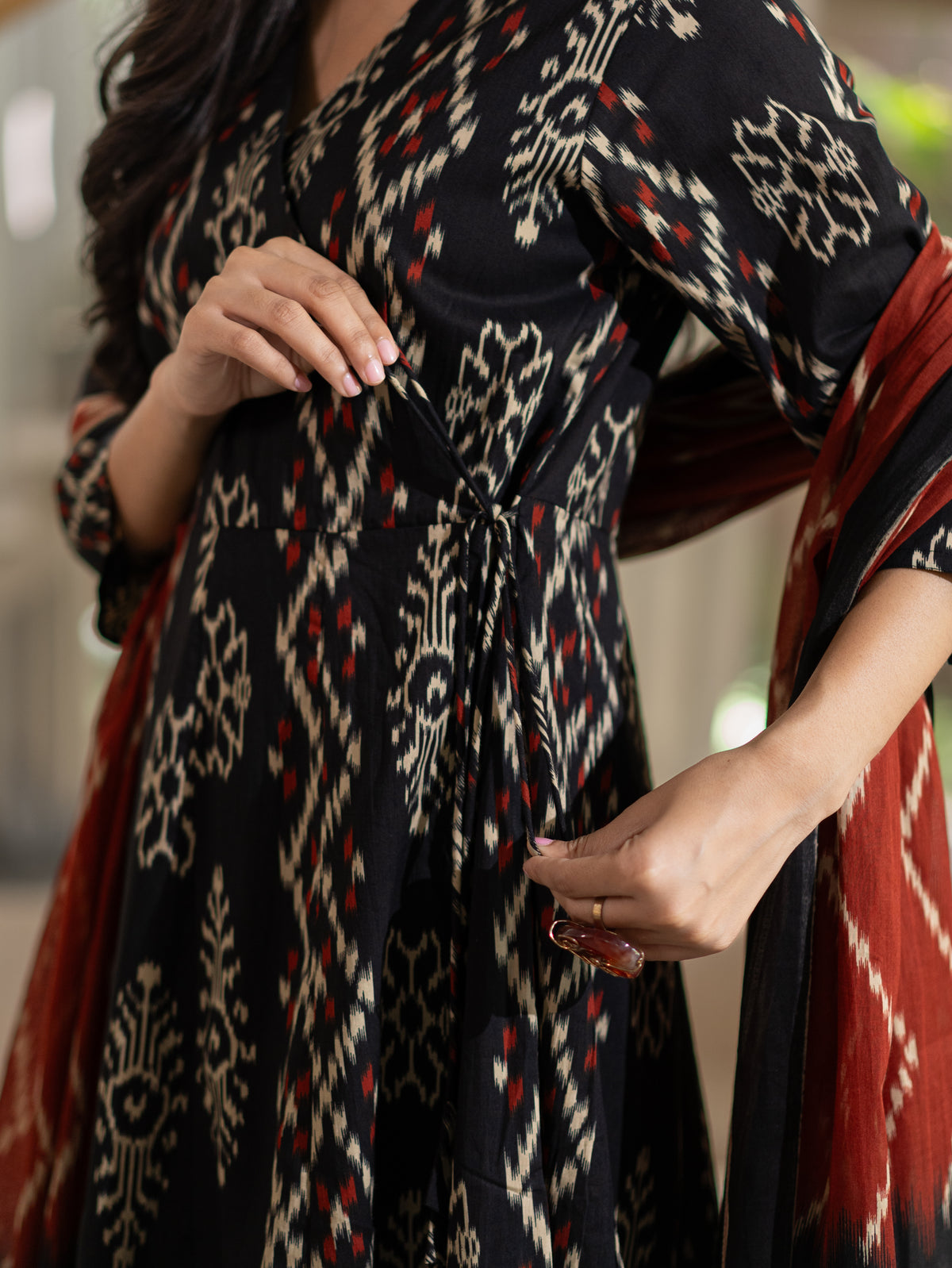 Vanya Black Cotton Ikkat Angrakha Anarkali Dupatta Set