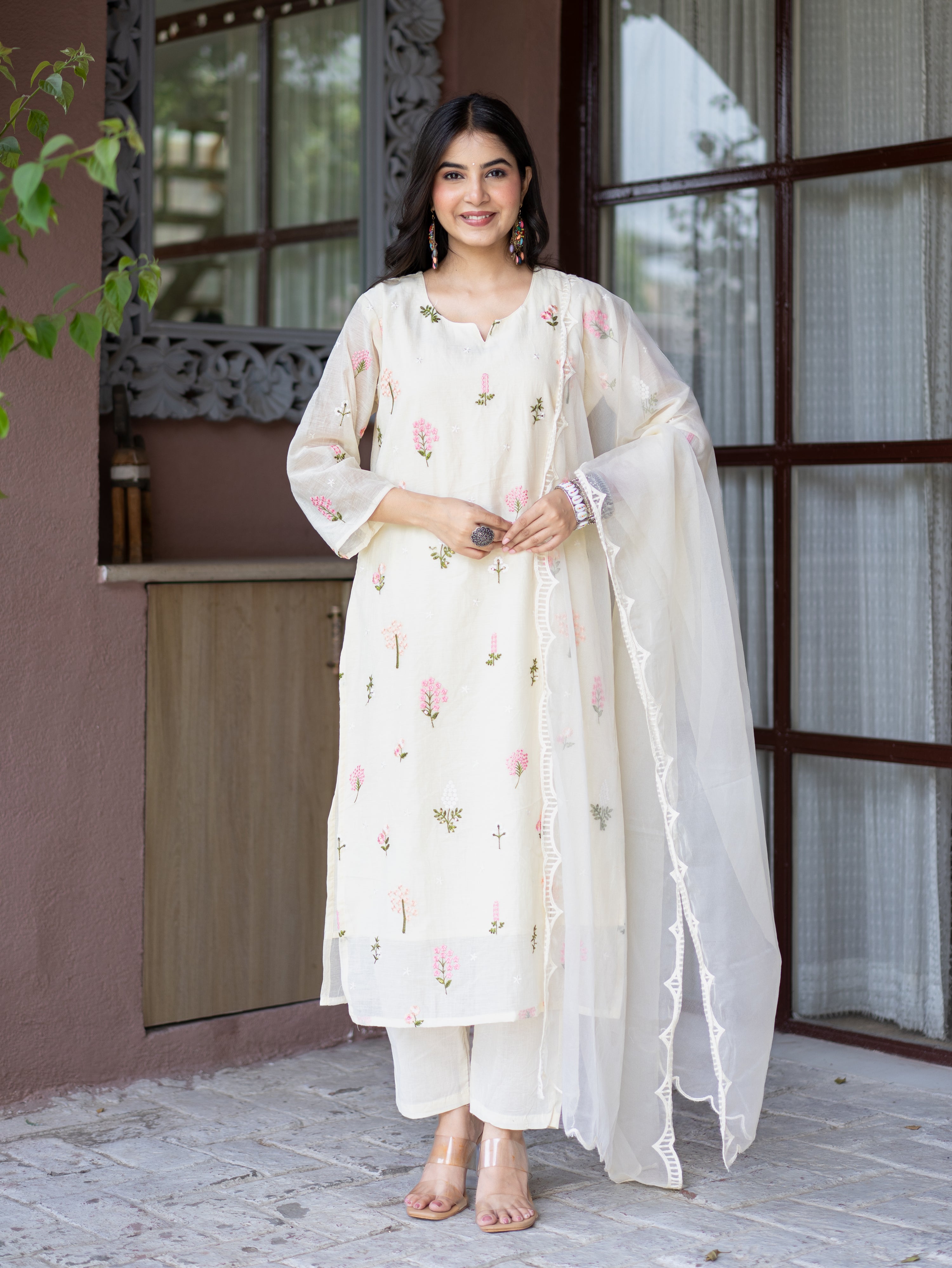 Dolly Candy Yellow Mul Chanderi Embroidered Straight Dupatta Set