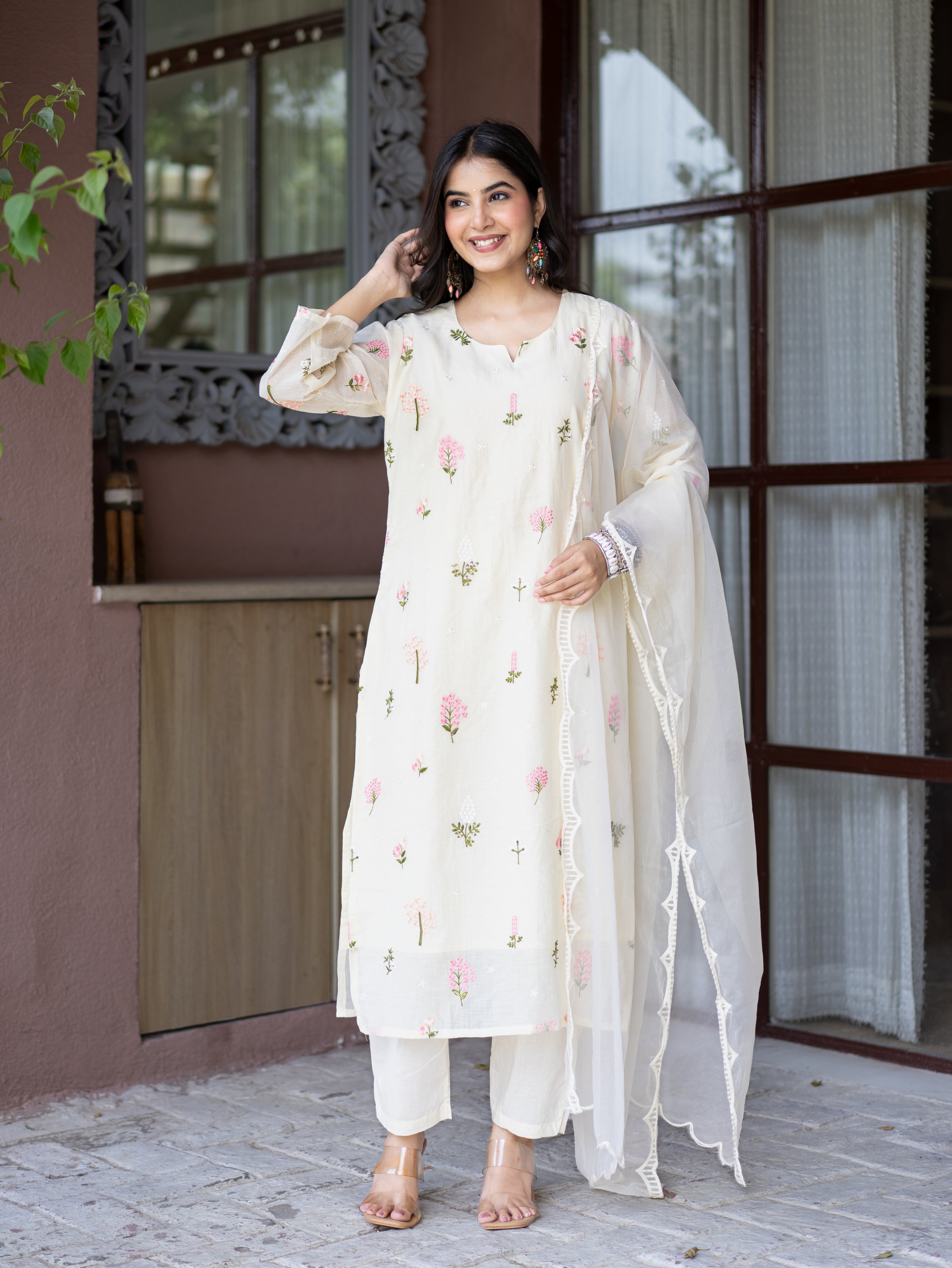 Dolly Candy Yellow Mul Chanderi Embroidered Straight Dupatta Set