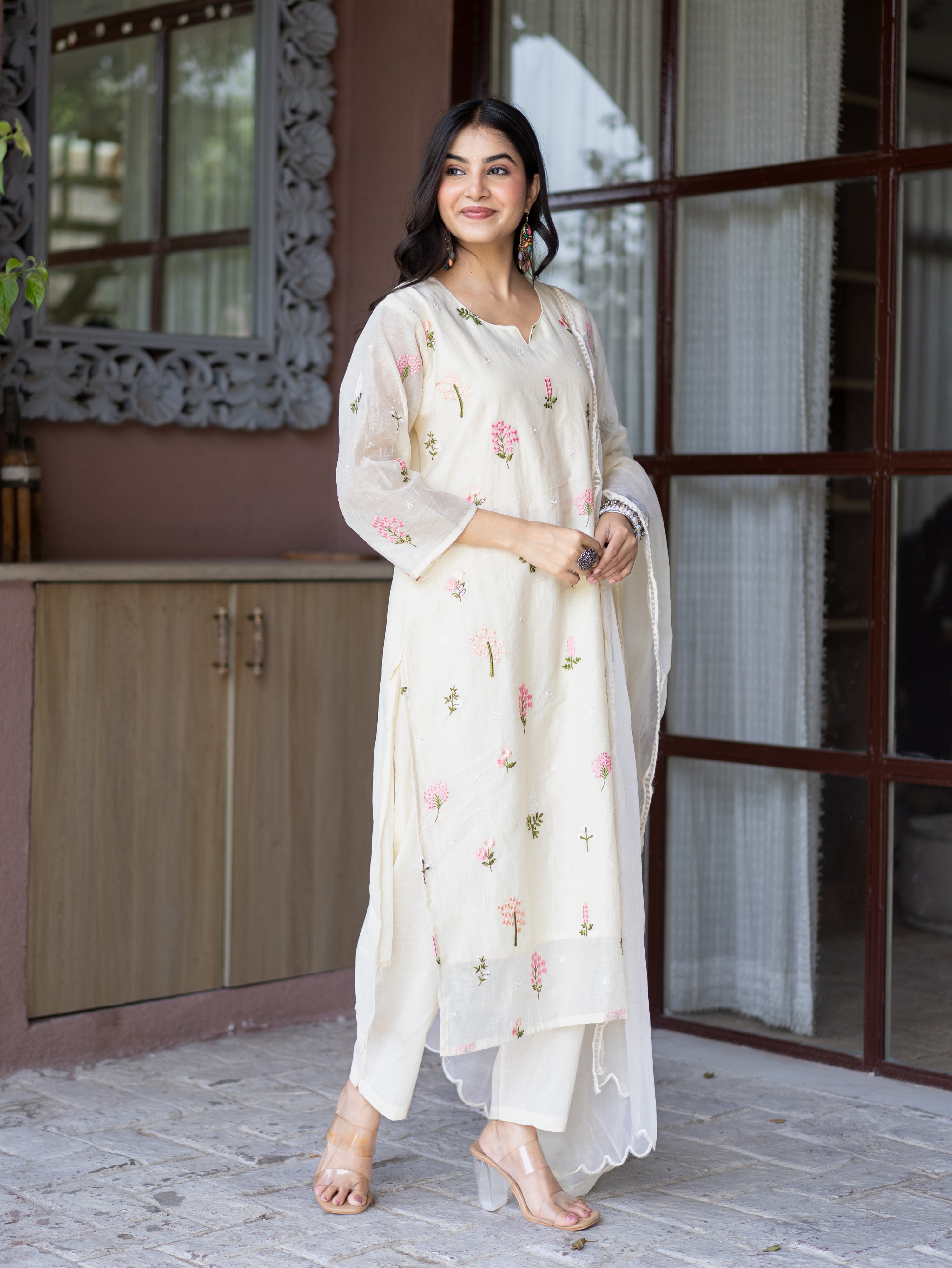 Dolly Candy Yellow Mul Chanderi Embroidered Straight Dupatta Set