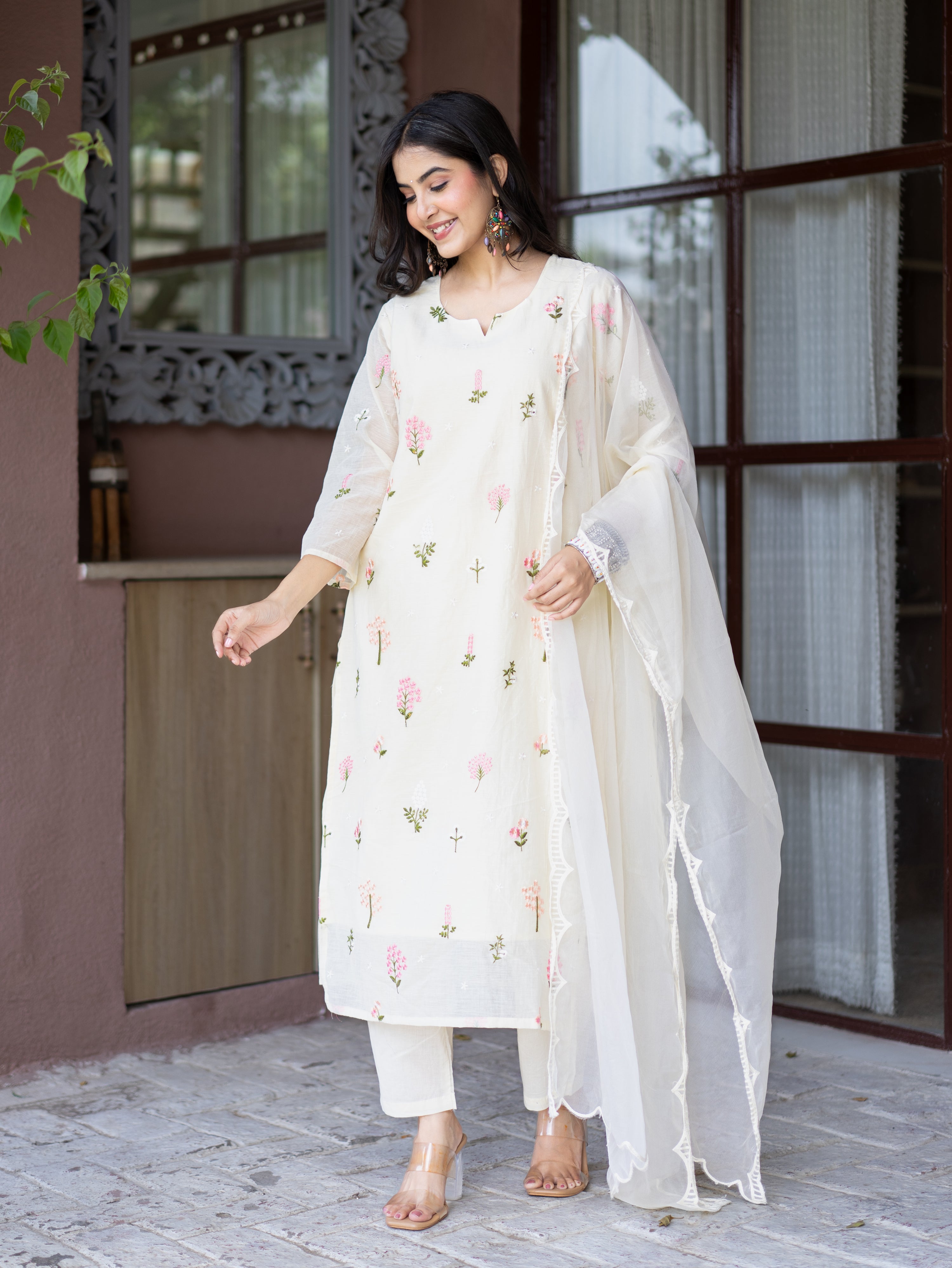 Dolly Candy Yellow Mul Chanderi Embroidered Straight Dupatta Set