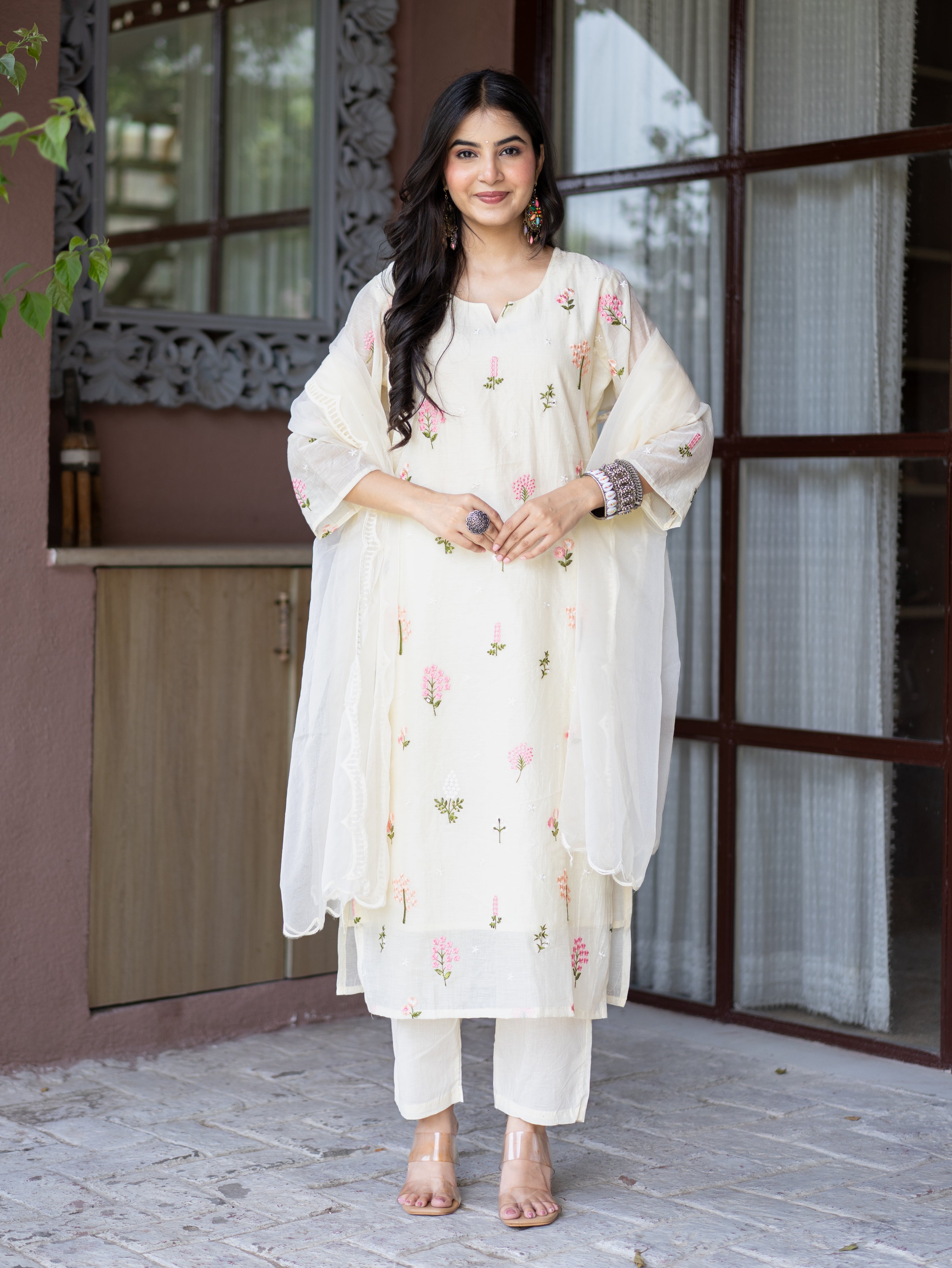Dolly Candy Yellow Mul Chanderi Embroidered Straight Dupatta Set
