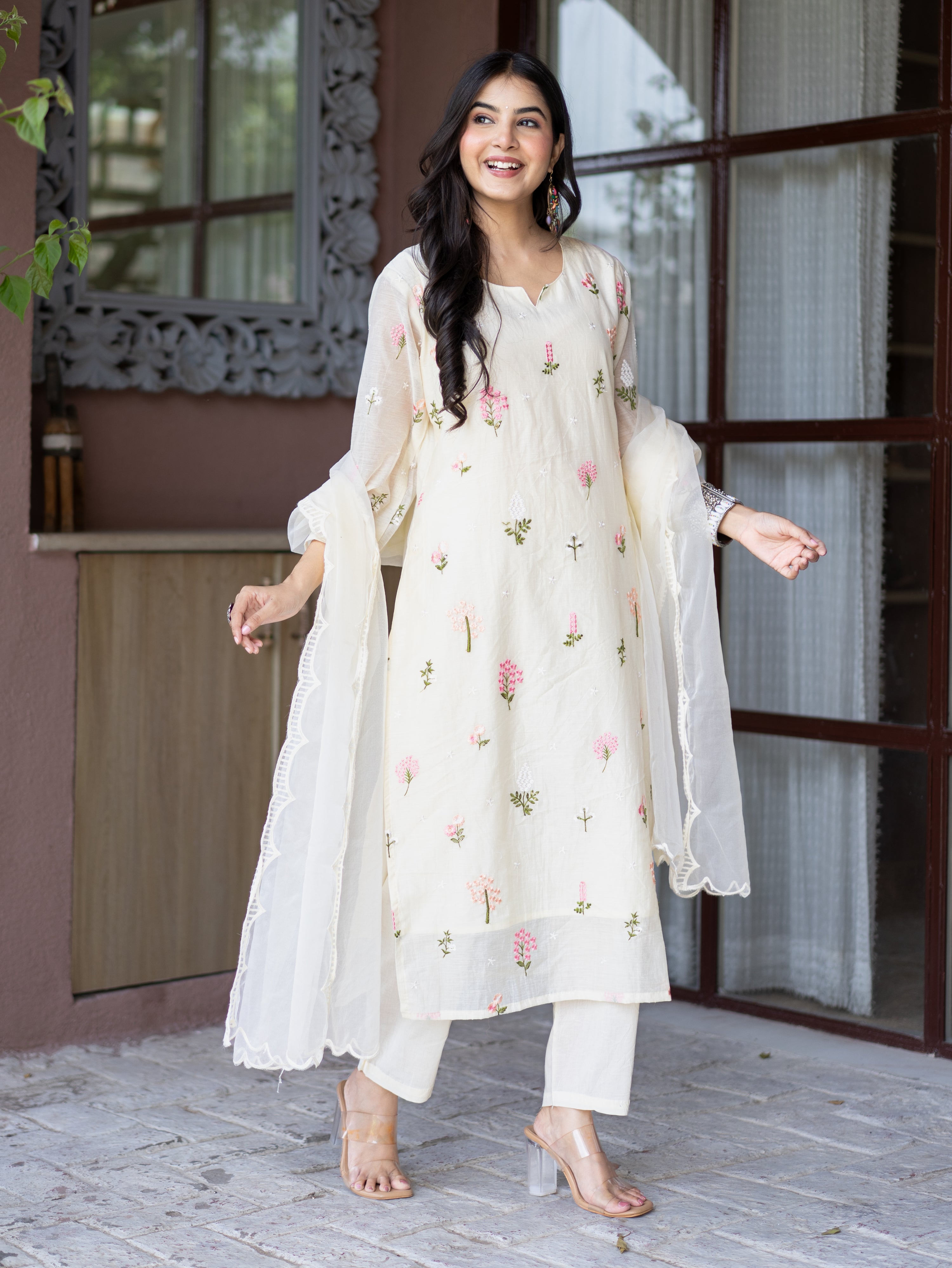 Dolly Candy Yellow Mul Chanderi Embroidered Straight Dupatta Set