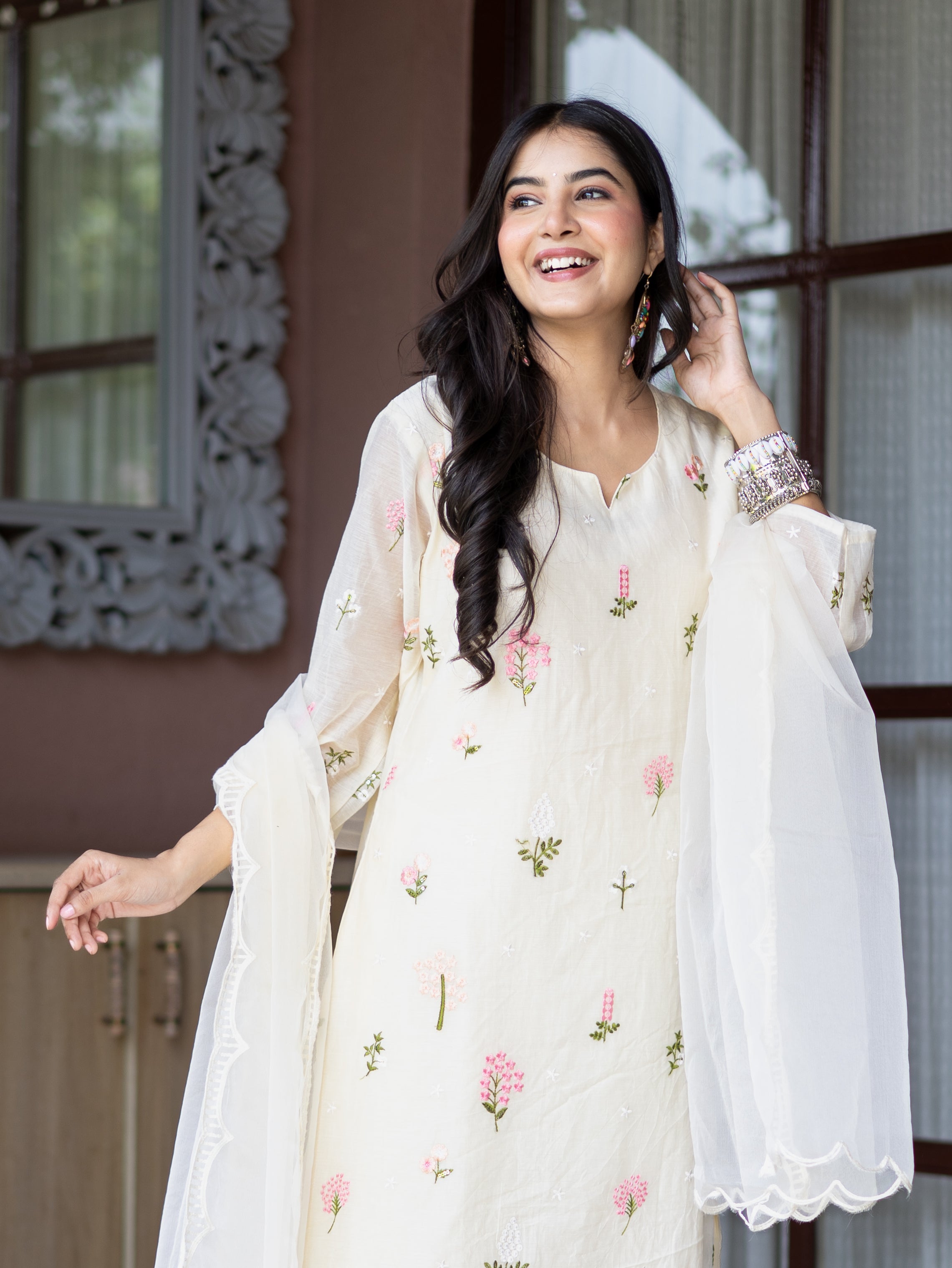 Dolly Candy Yellow Mul Chanderi Embroidered Straight Dupatta Set