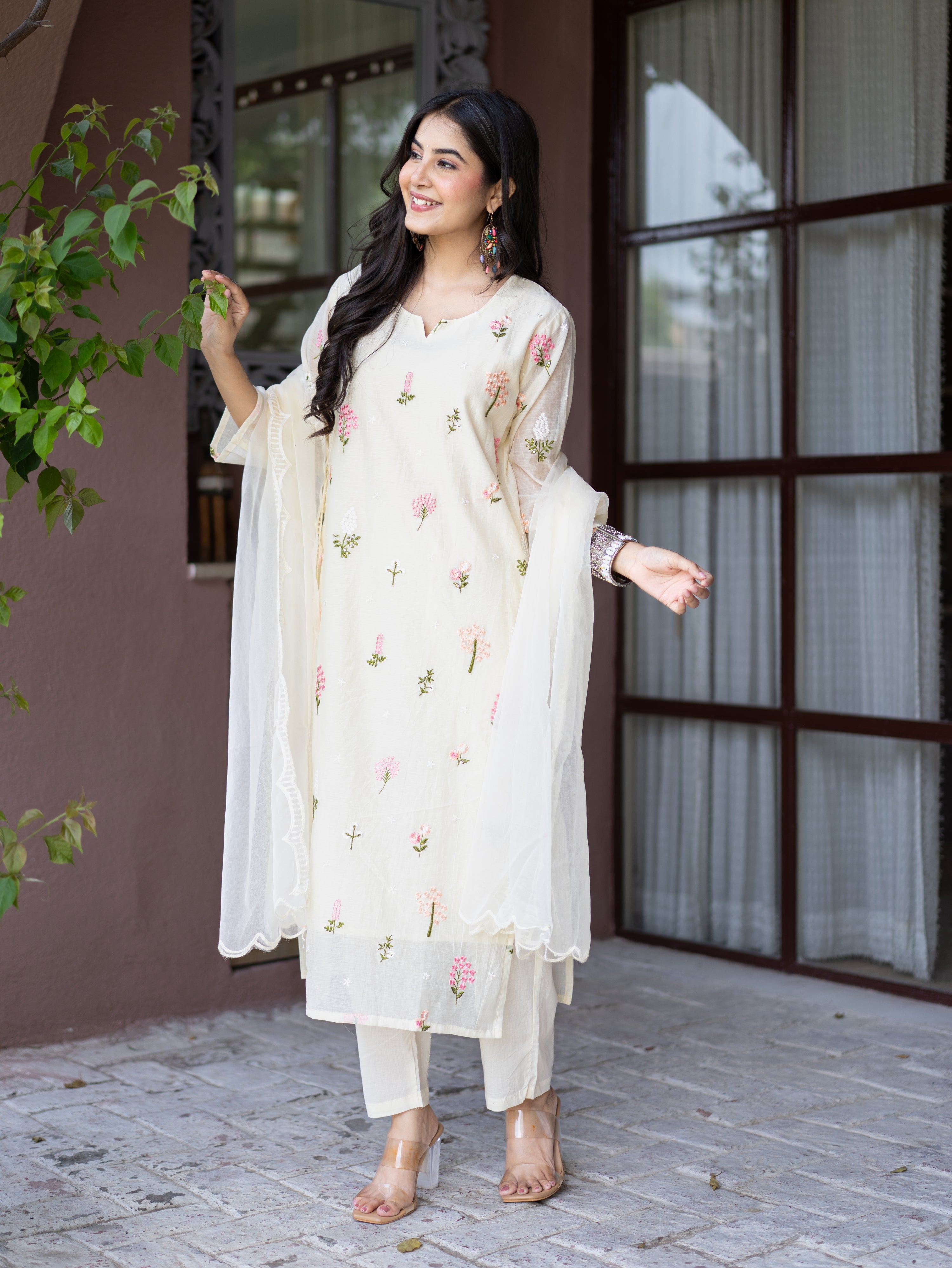 Dolly Candy Yellow Mul Chanderi Embroidered Straight Dupatta Set