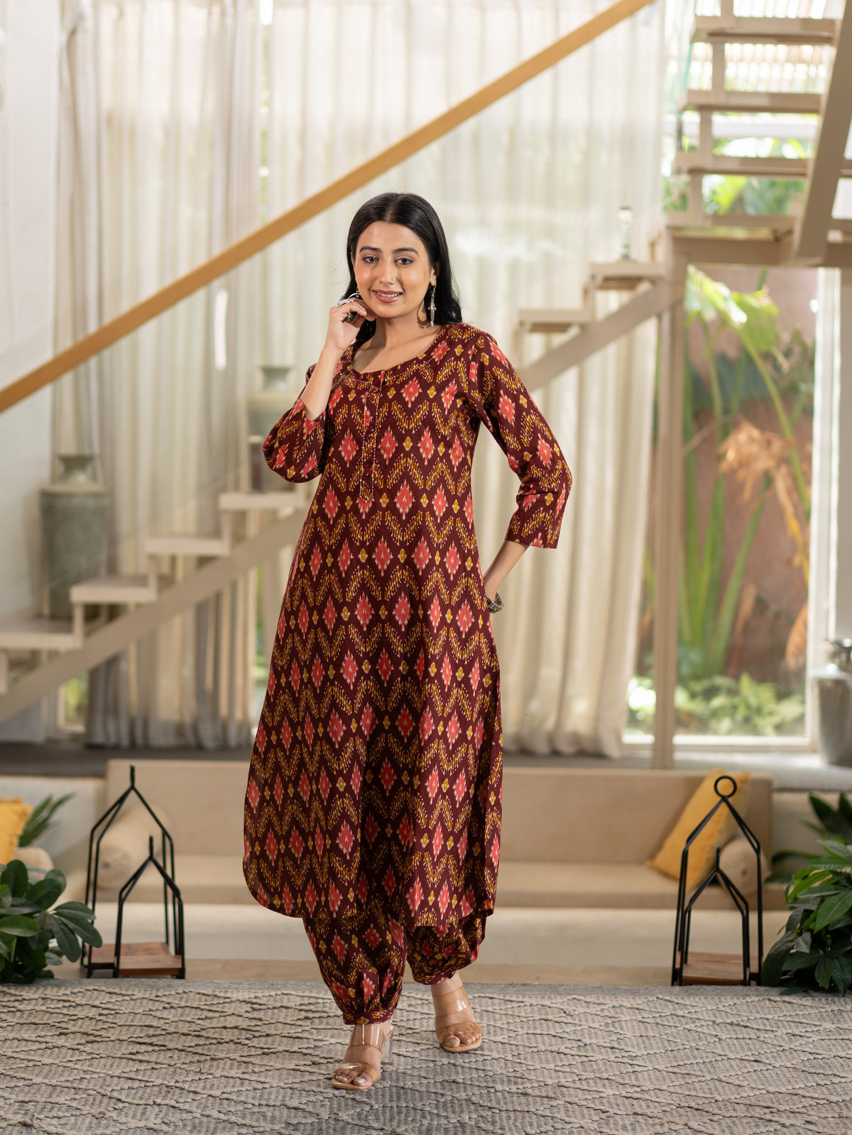 Rupali Red Ikkat Cotton A-line Kurta Set