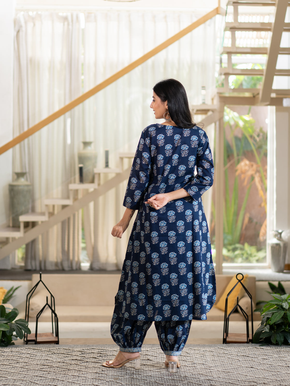 Chhaya Deep Blue Floral Cotton A-line Kurta Set