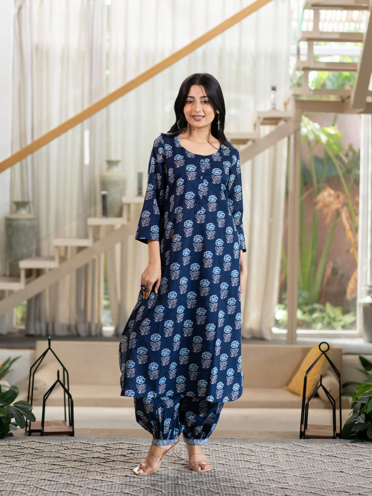 Chhaya Deep Blue Floral Cotton A-line Kurta Set
