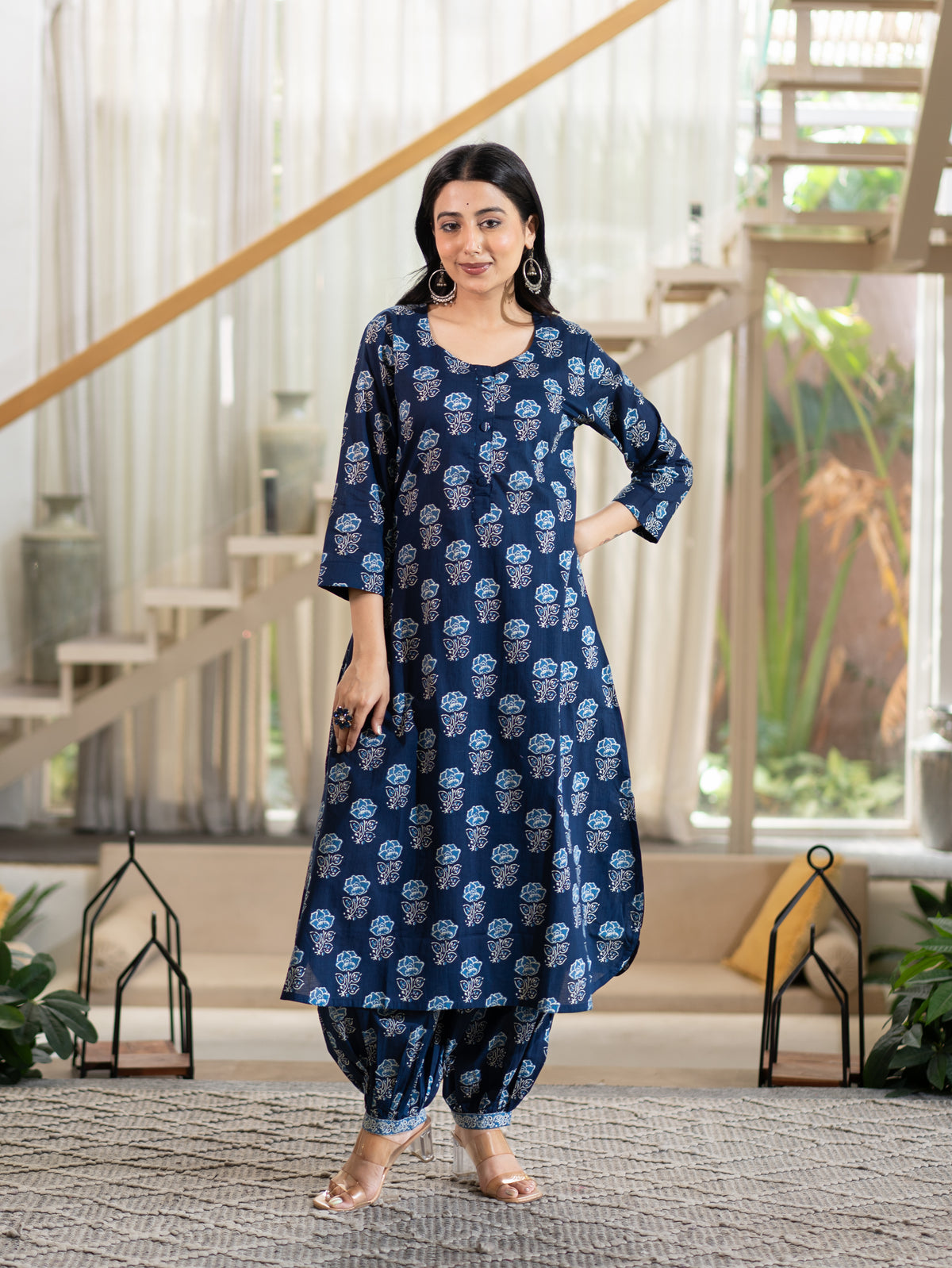 Chhaya Deep Blue Floral Cotton A-line Kurta Set