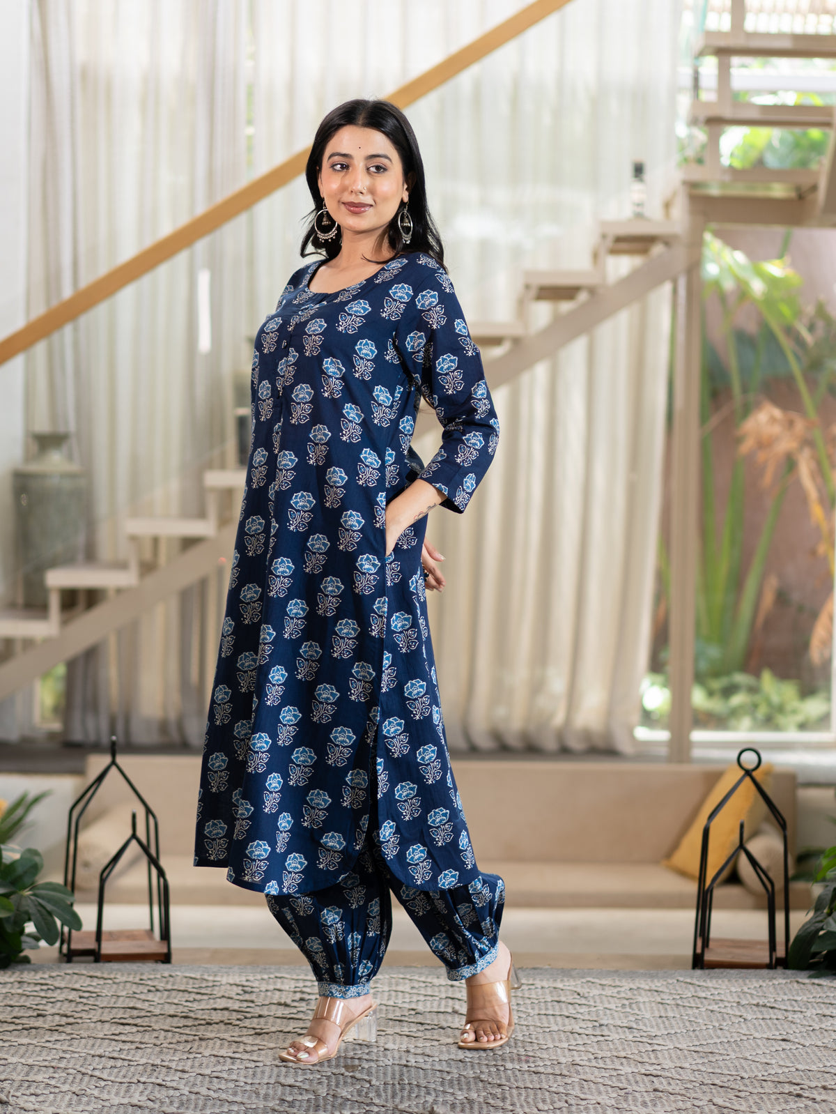 Chhaya Deep Blue Floral Cotton A-line Kurta Set