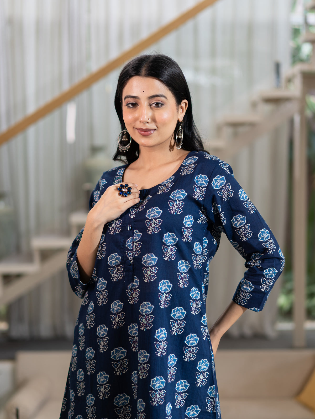Chhaya Deep Blue Floral Cotton A-line Kurta Set