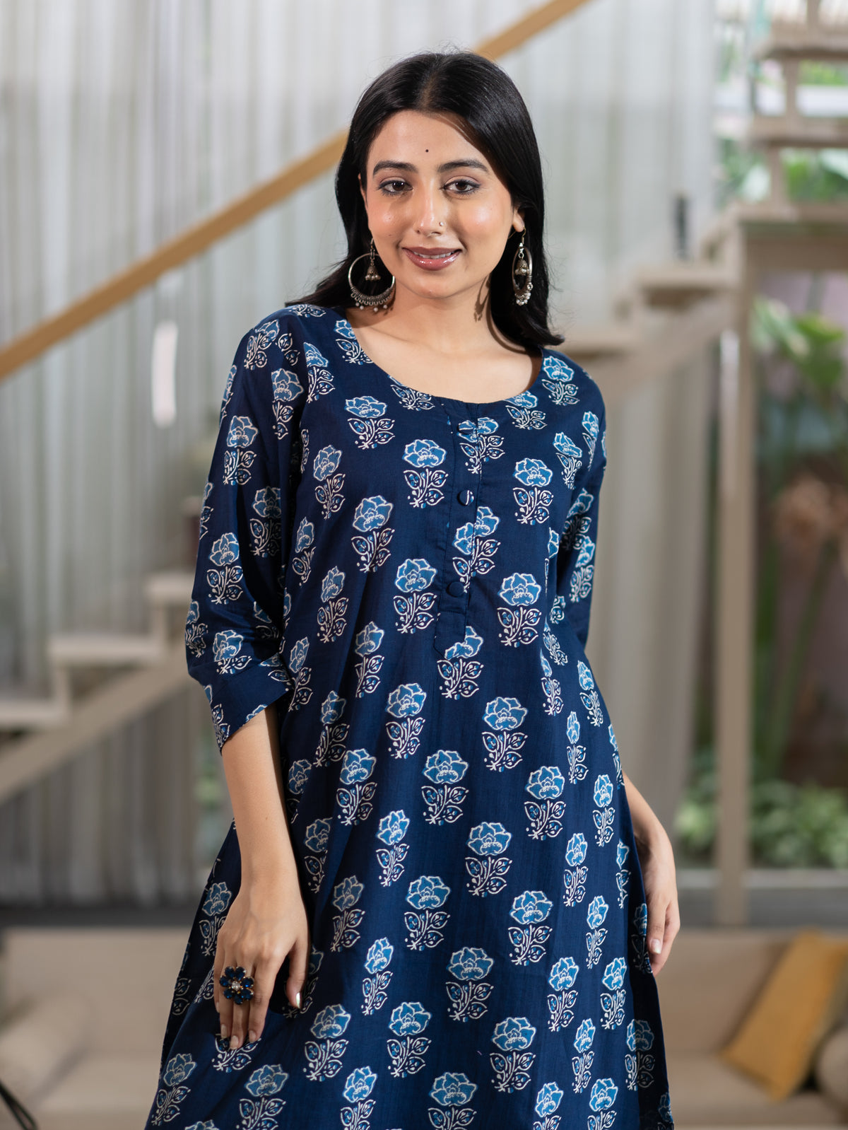 Chhaya Deep Blue Floral Cotton A-line Kurta Set