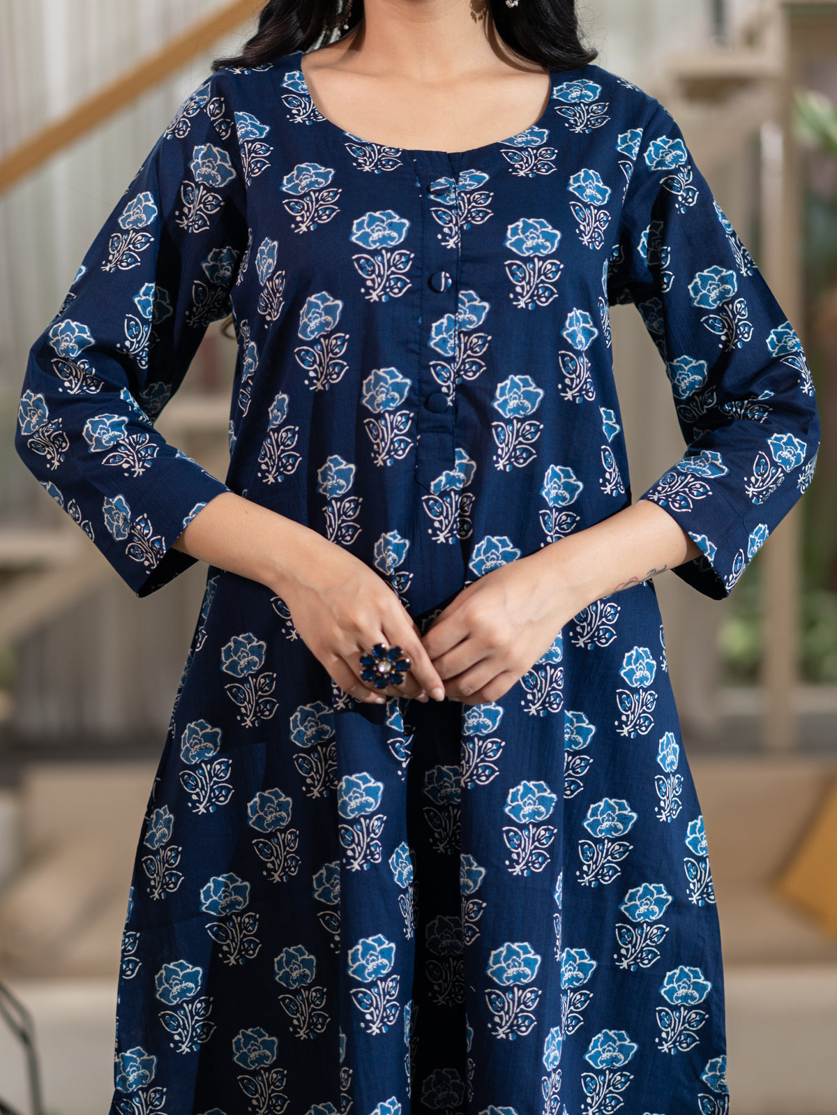 Chhaya Deep Blue Floral Cotton A-line Kurta Set