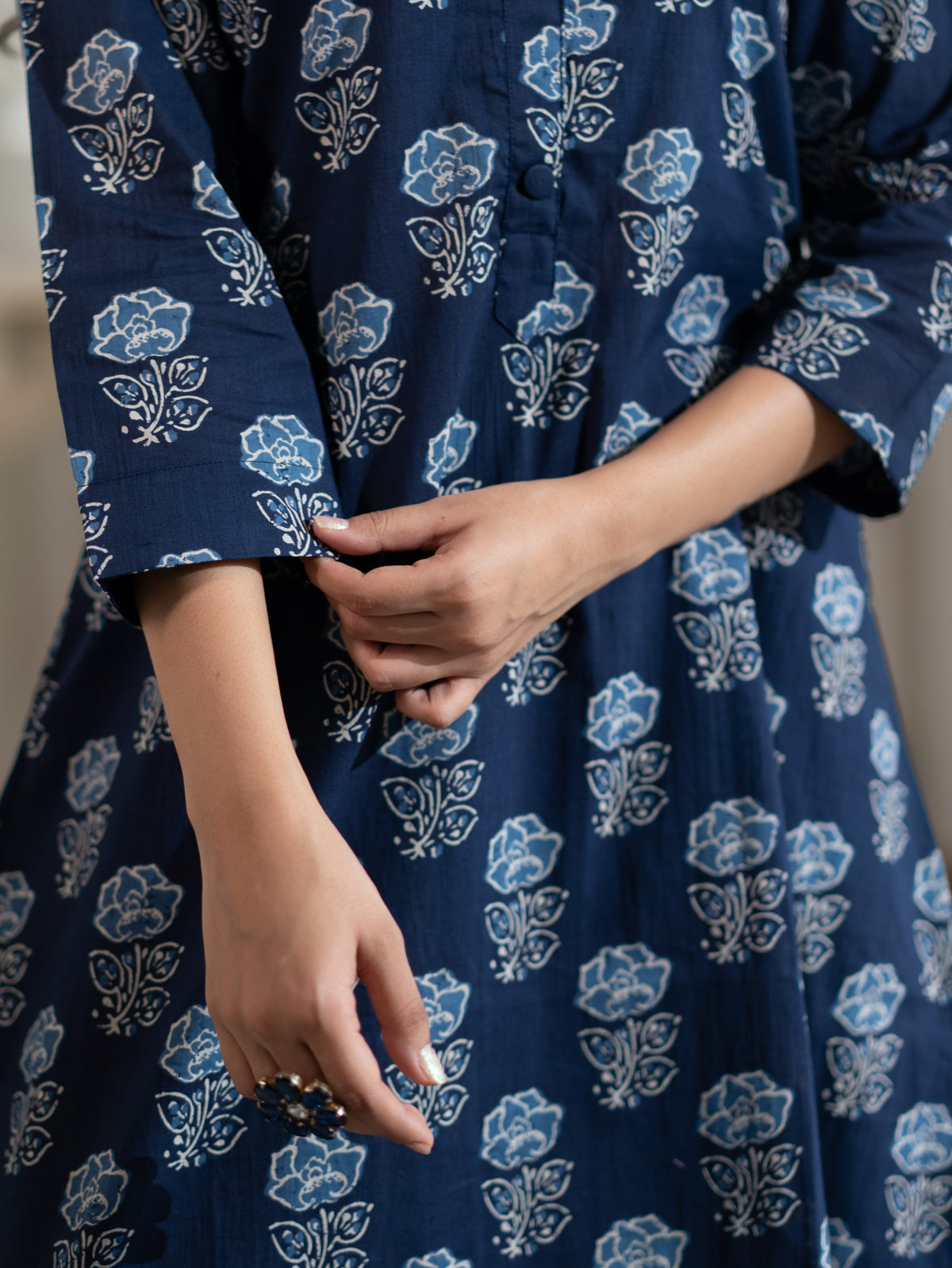 Chhaya Deep Blue Floral Cotton A-line Kurta Set