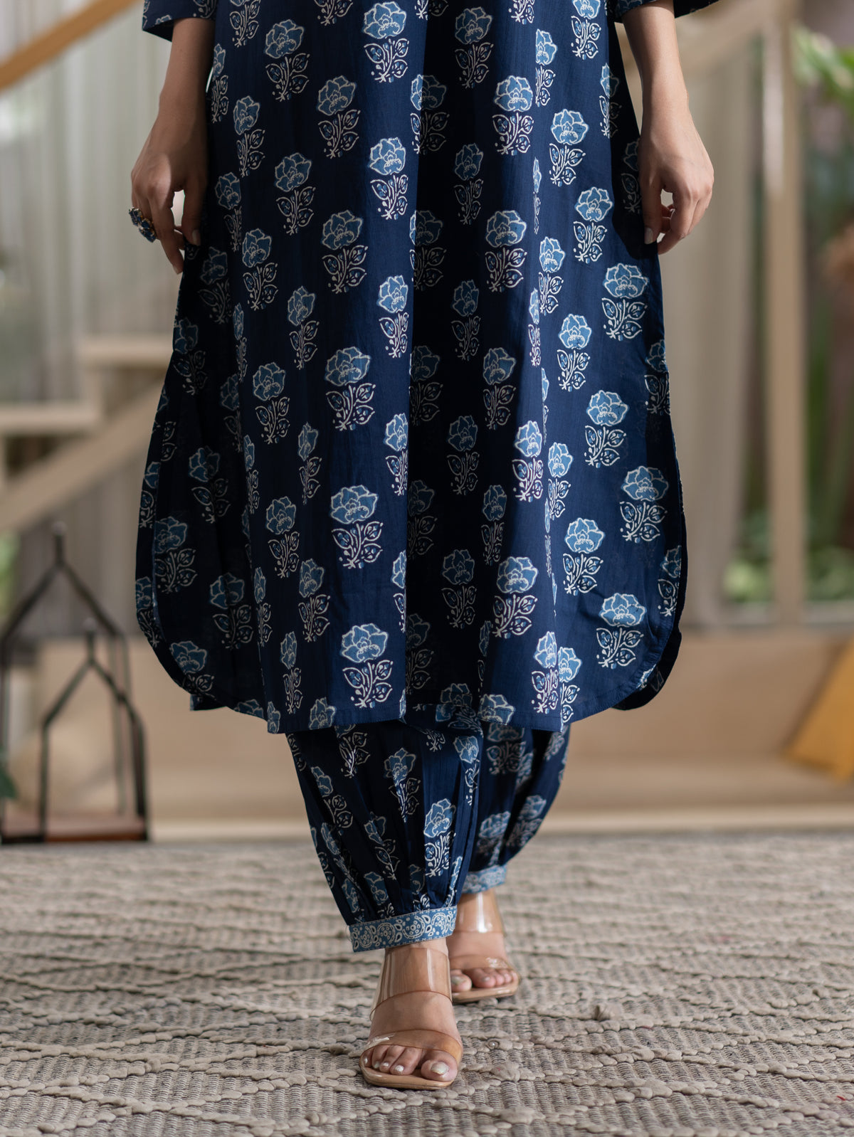 Chhaya Deep Blue Floral Cotton A-line Kurta Set