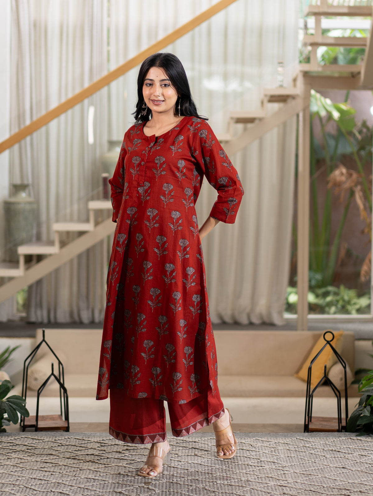Haya Red Handblock Cotton A-line Kurta Set