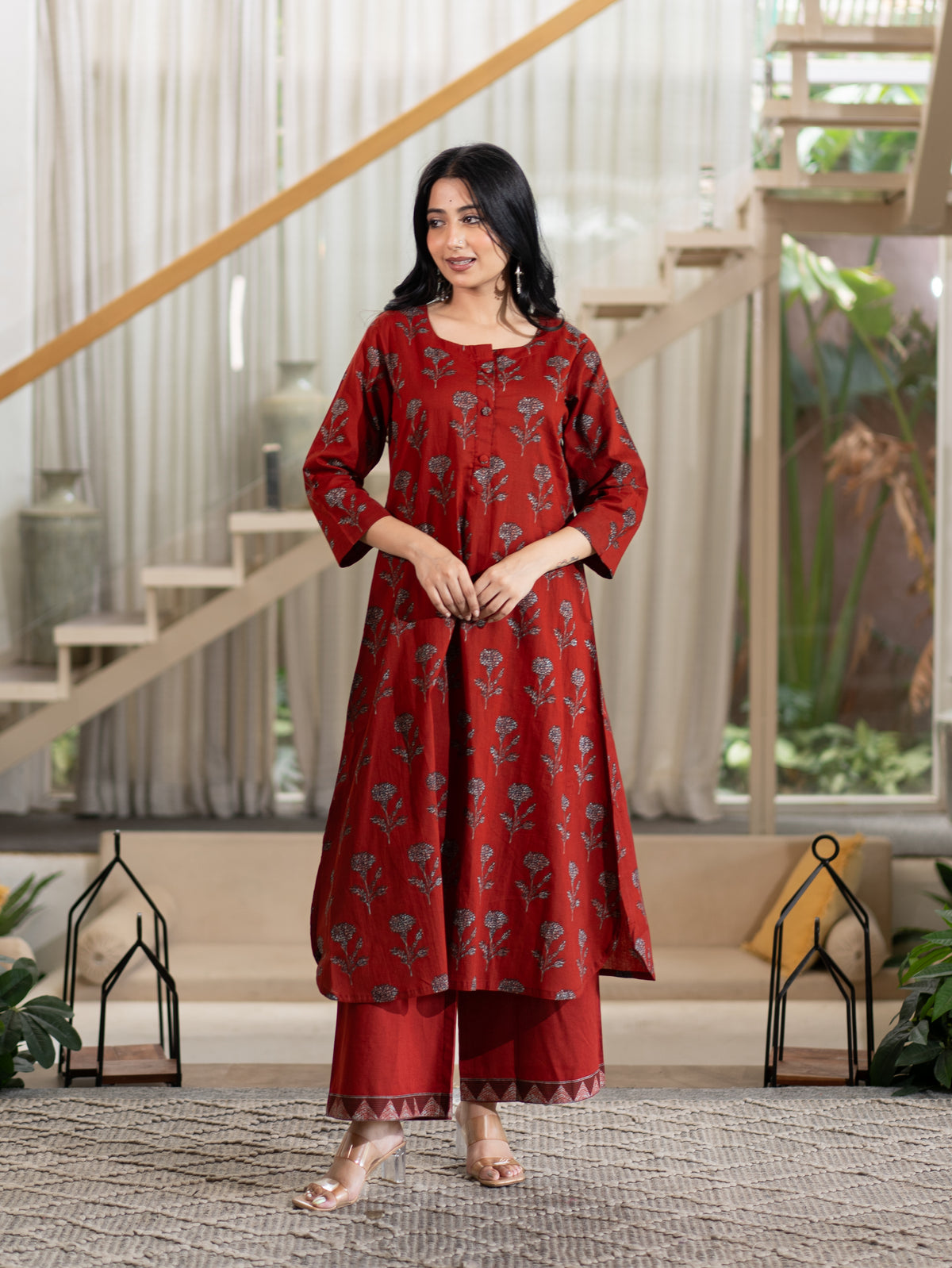 Haya Red Handblock Cotton A-line Kurta Set