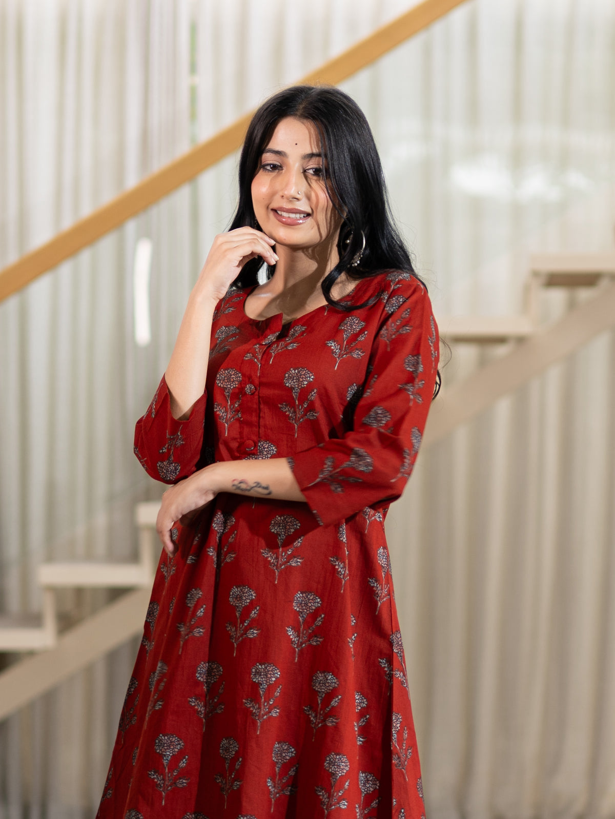 Haya Red Handblock Cotton A-line Kurta Set