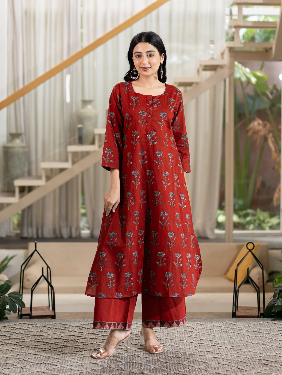 Haya Red Handblock Cotton A-line Kurta Set