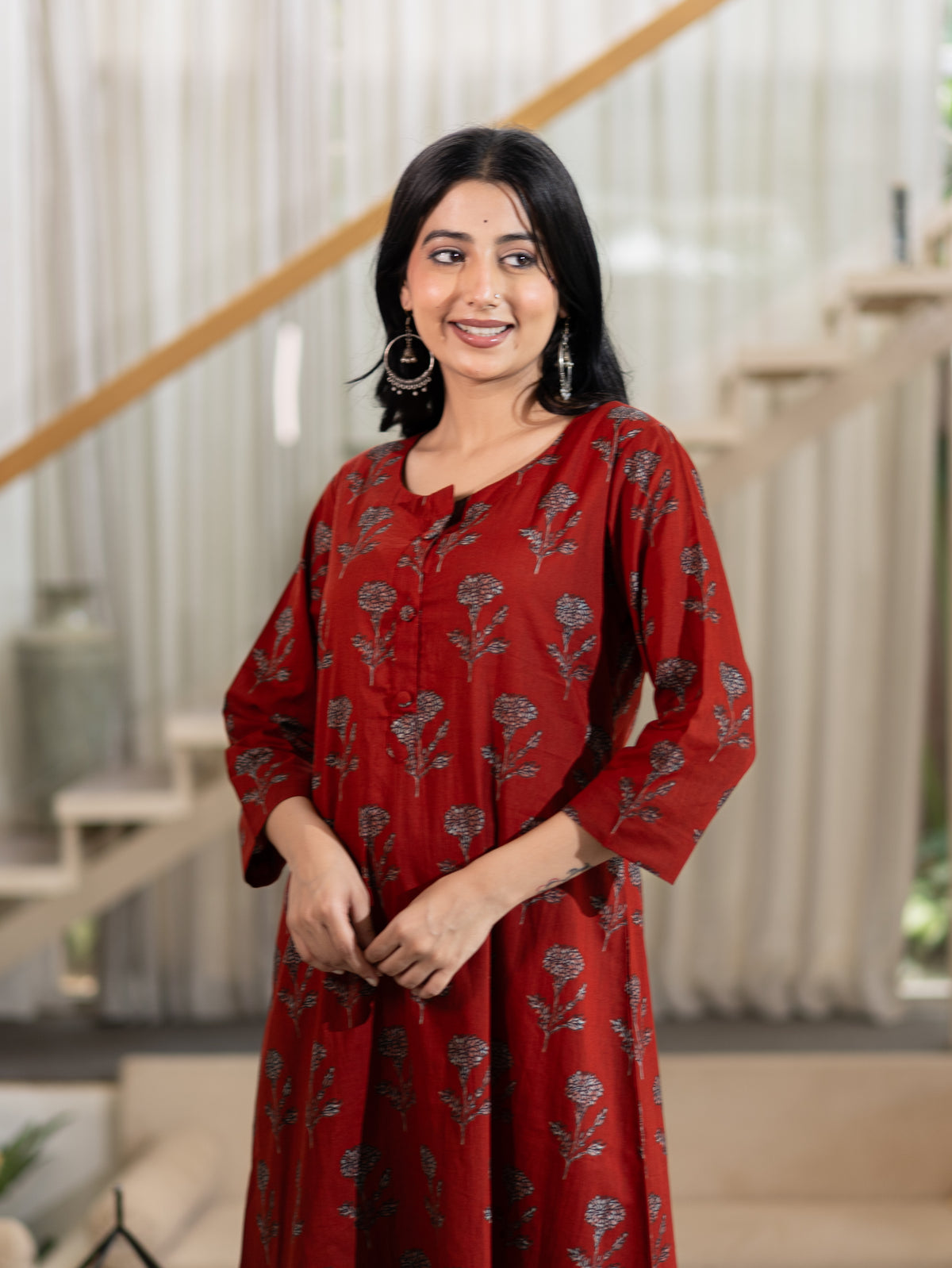 Haya Red Handblock Cotton A-line Kurta Set